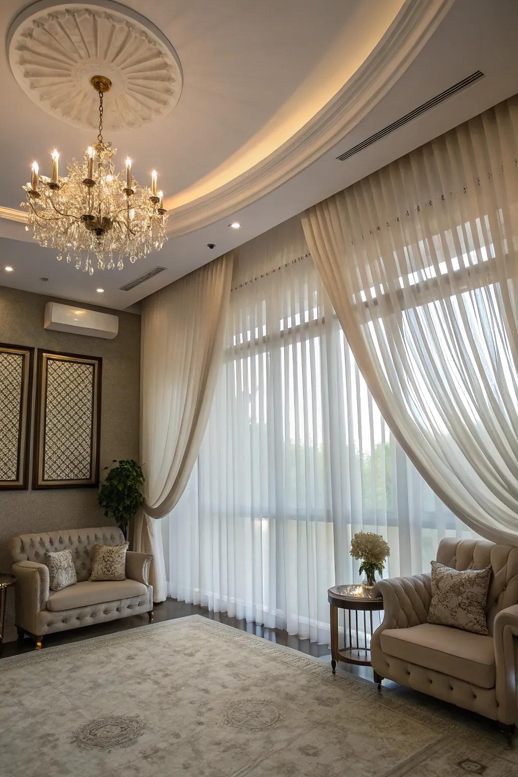 Upper space-affixed sheer curtains append grace and drama.