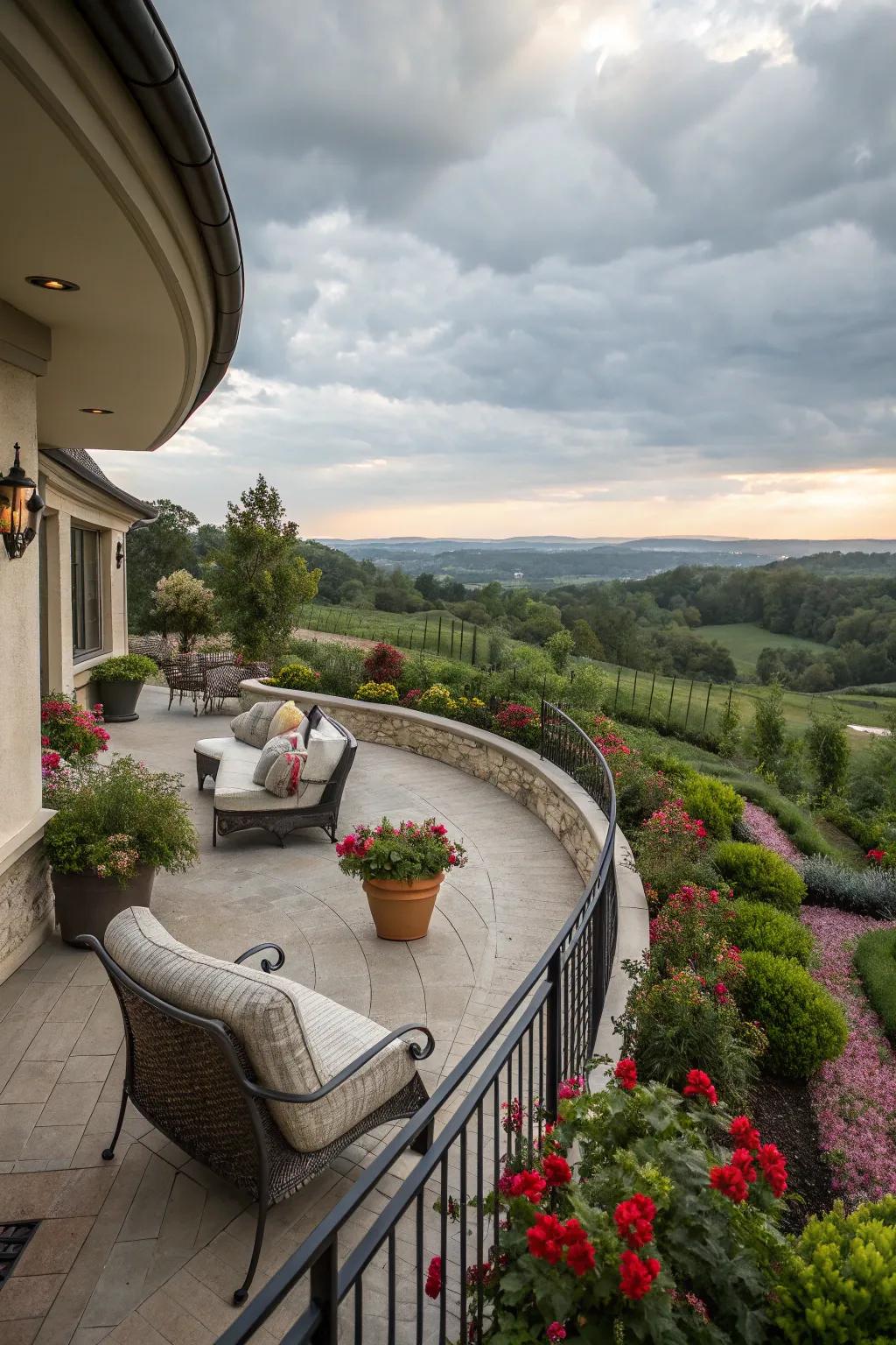A patio impeccably oriented to capture a breathtaking garden vista.
