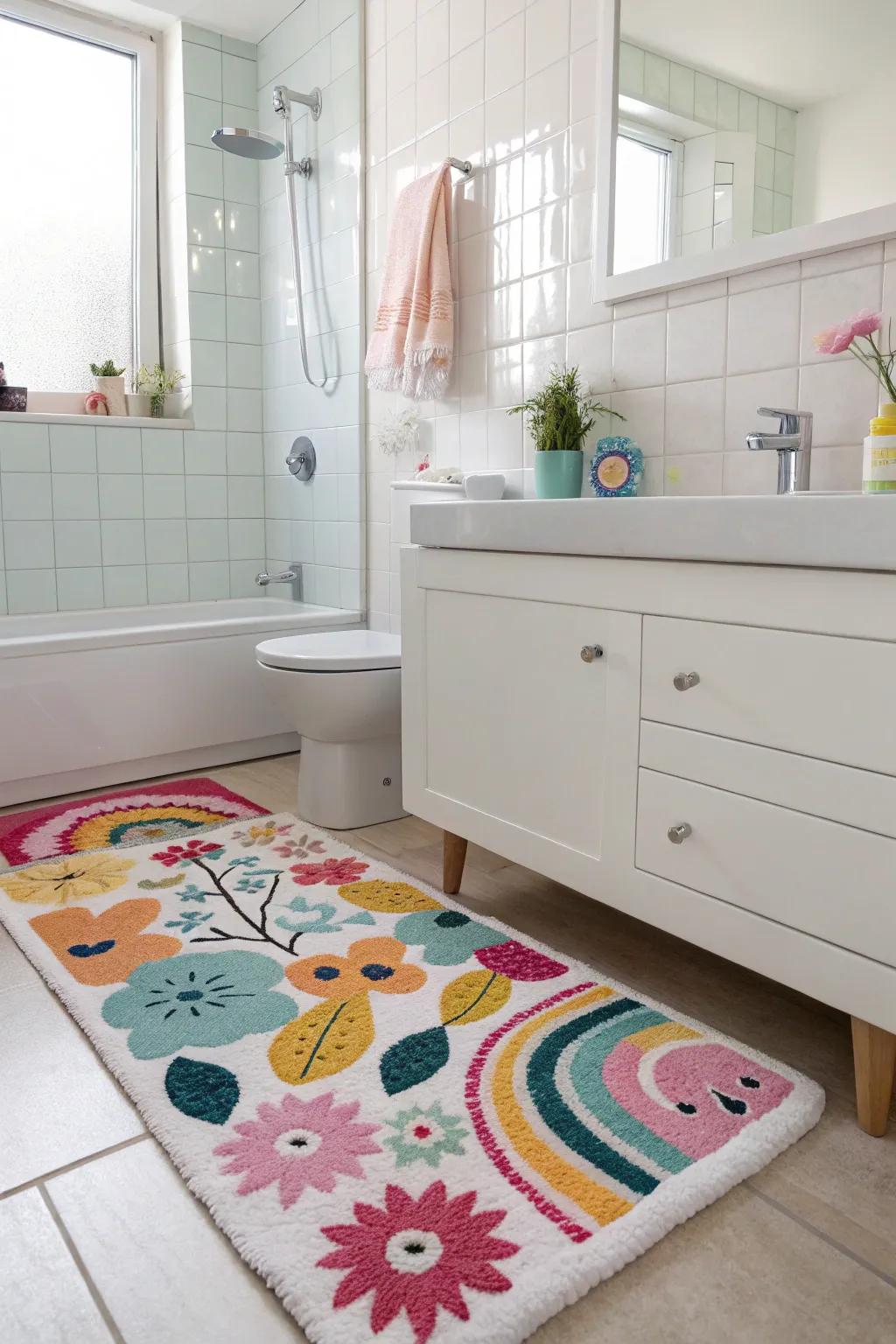 A cheerful rug enriches your restroom floor with coziness and style.