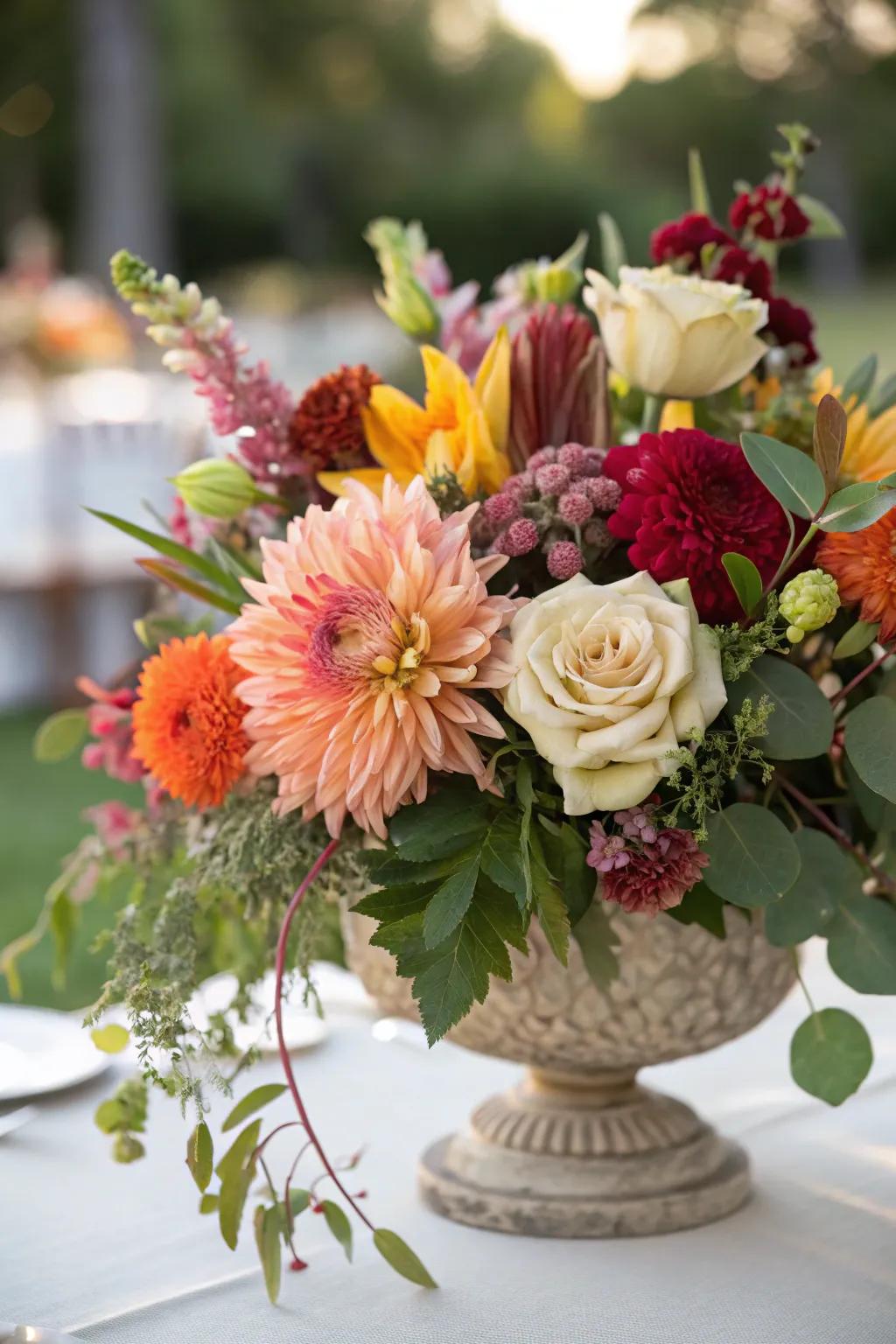 A vibrant floral center attraction infusing elegance into the dining surface.