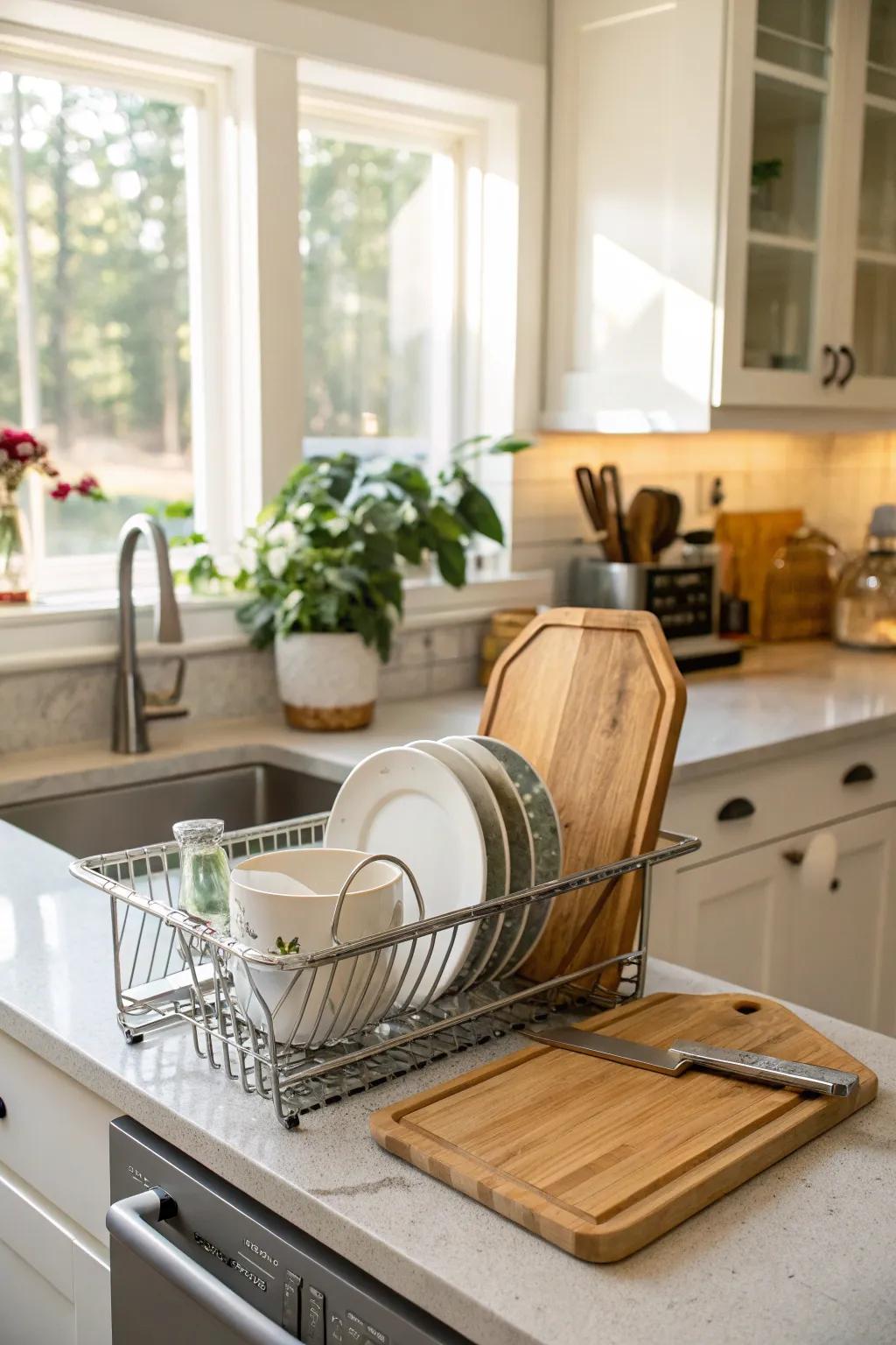 Dish rack used for chopping surface storage.