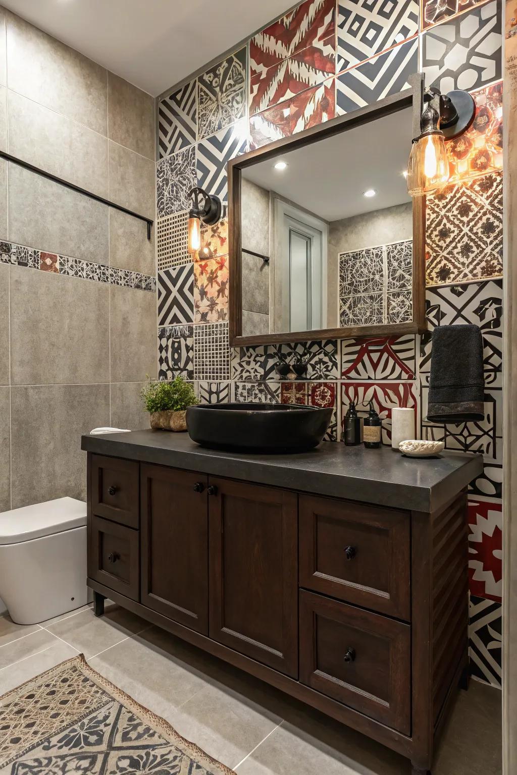 Striking designs fashion a captivating backdrop for a deep cocoa dressing table.
