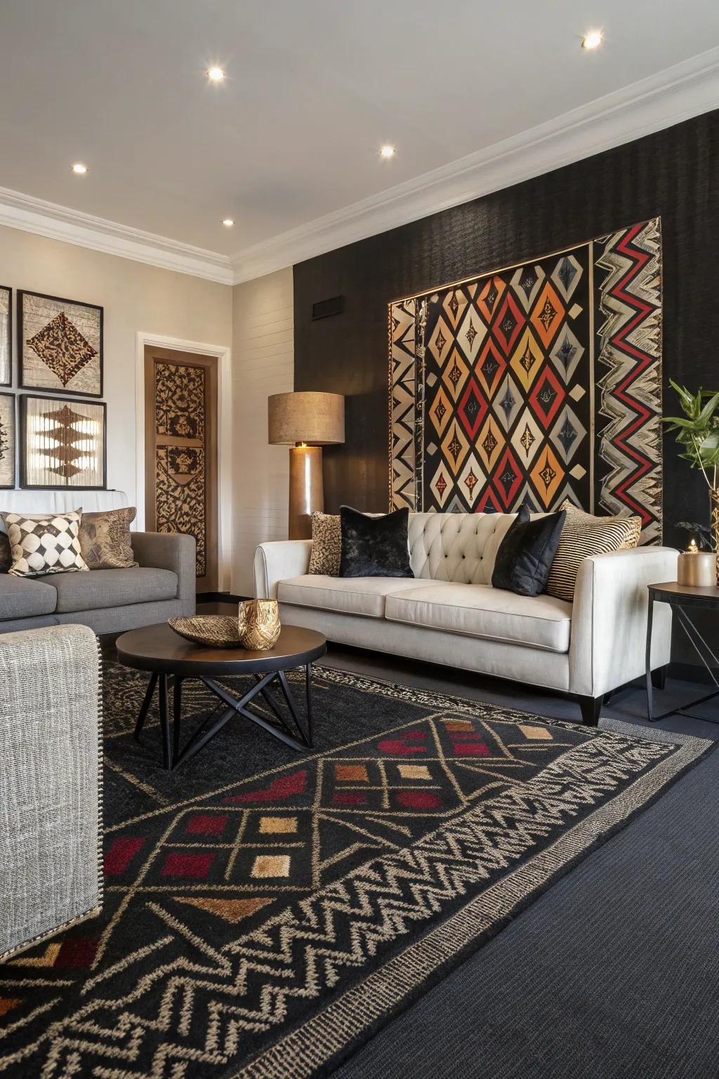 Geometric designs add dynamic appeal to a dark-toned carpeted room.