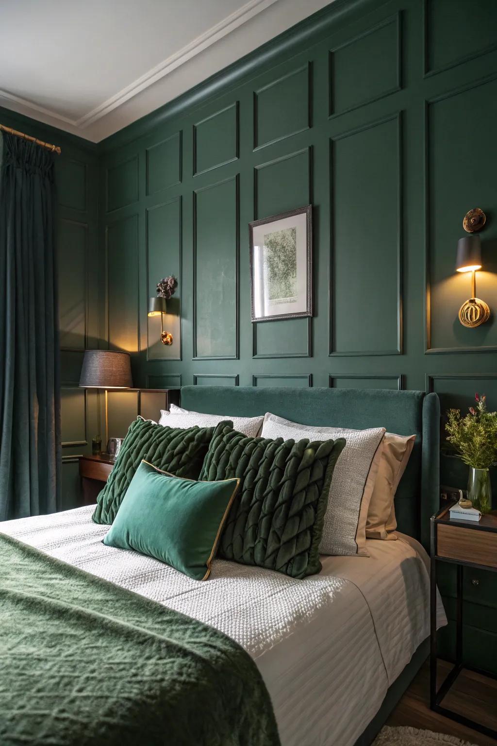 A shaded-green bedroom via hunter green emphasizing cushions attaching ease and visual.