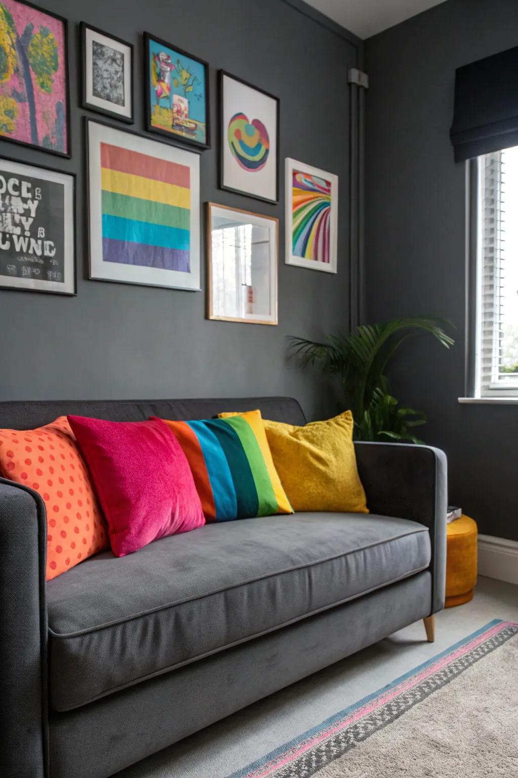 A burst of color creating an unexpected surprise in a charcoal room.
