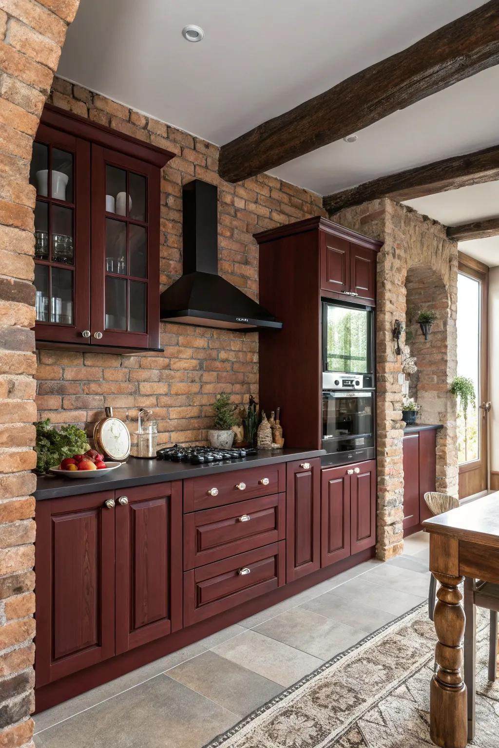 Traditional culinary space featuring tinted ruby fixtures and brickwork accents.