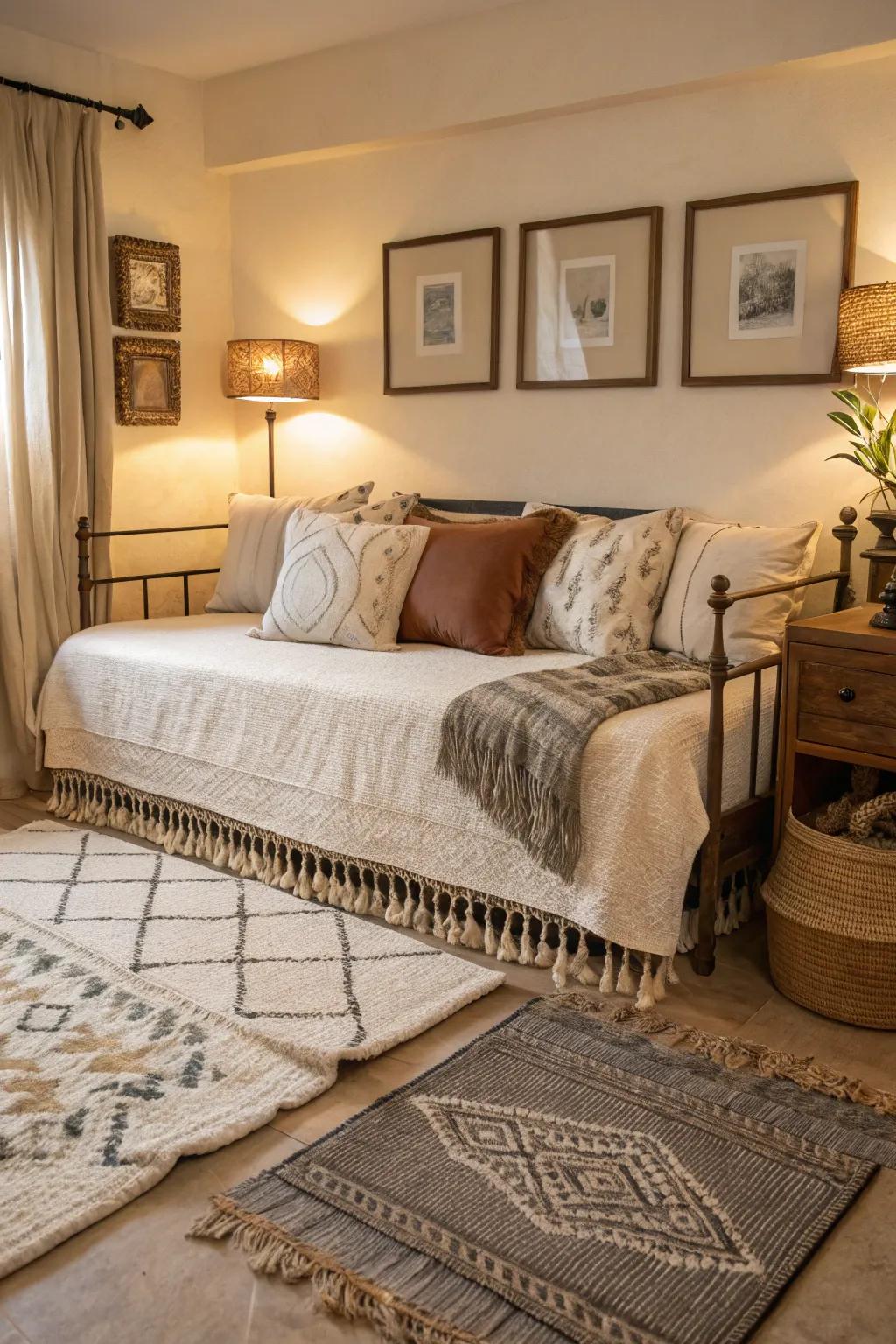 Superimposed ground coverings contribute added warmth and textural complexity to this daybed setting.