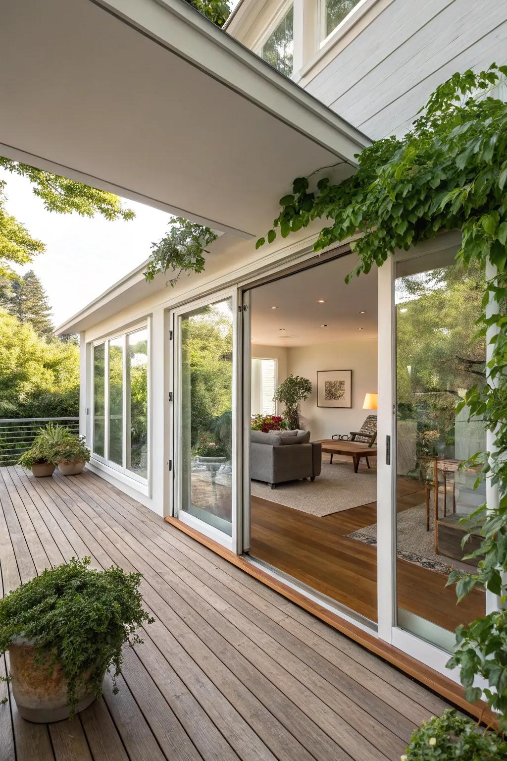 Gliding glass entries fashion a smooth interchange between indoors and outdoors.