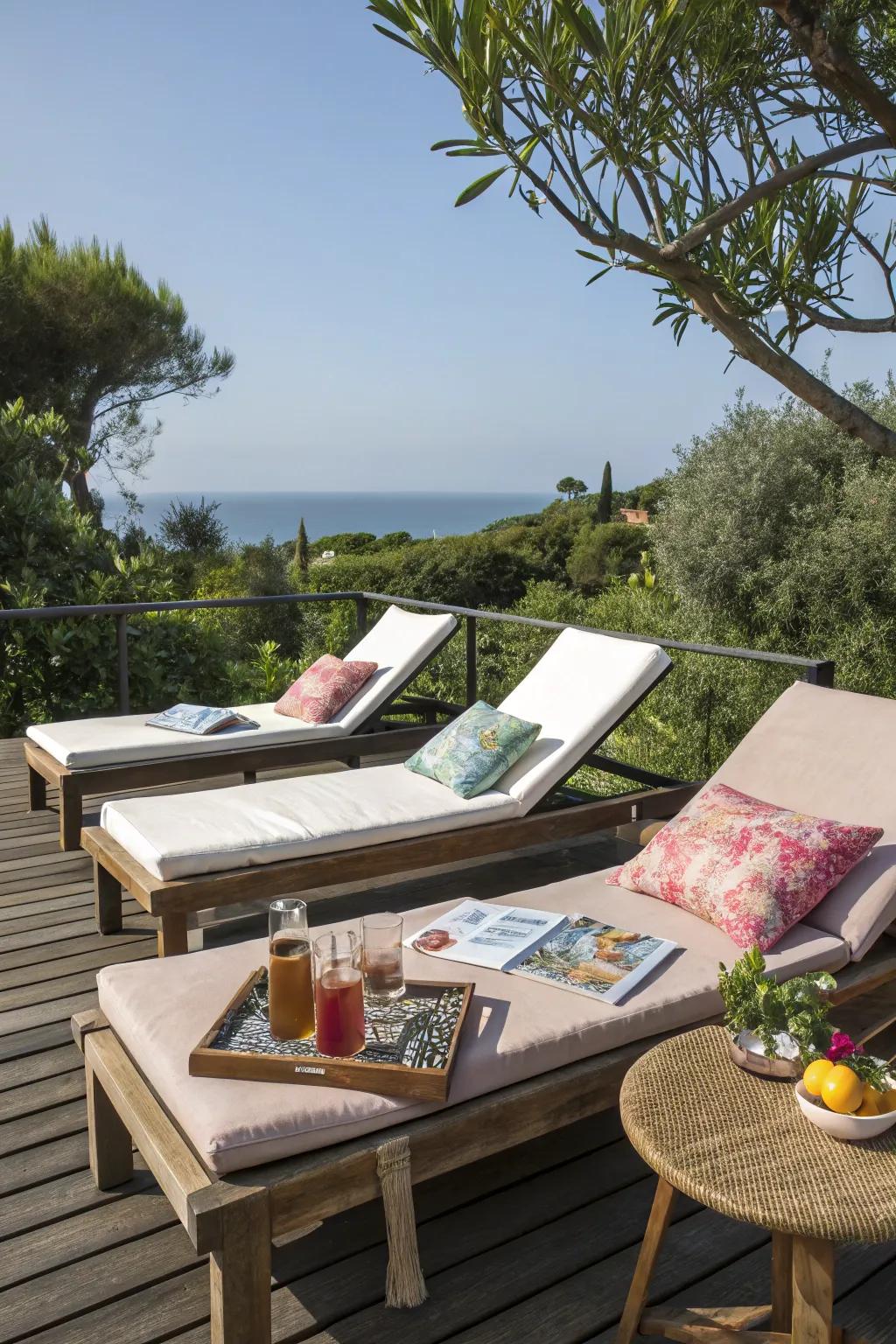 A sunbathing area is an invitation to relax and unwind on sunny days.