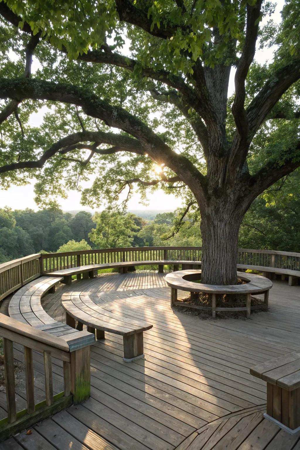 Ring benches surrounding trees provide shade and an organic aesthetic.