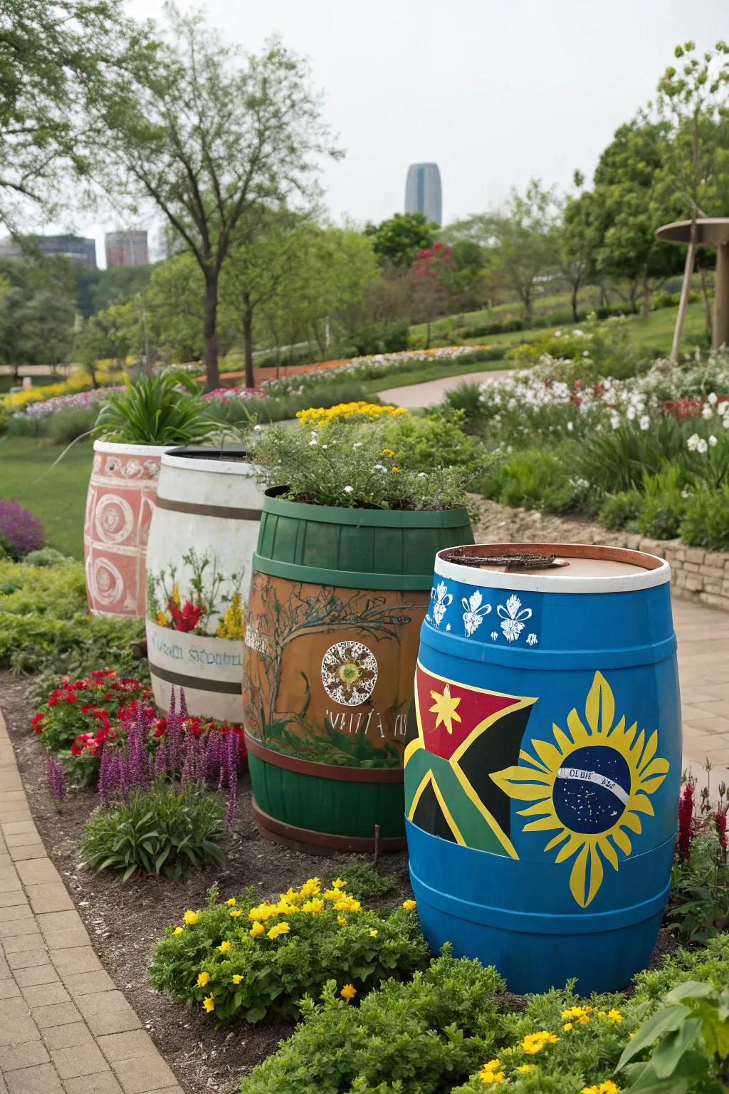 Barrels painted with culturally inspired themes