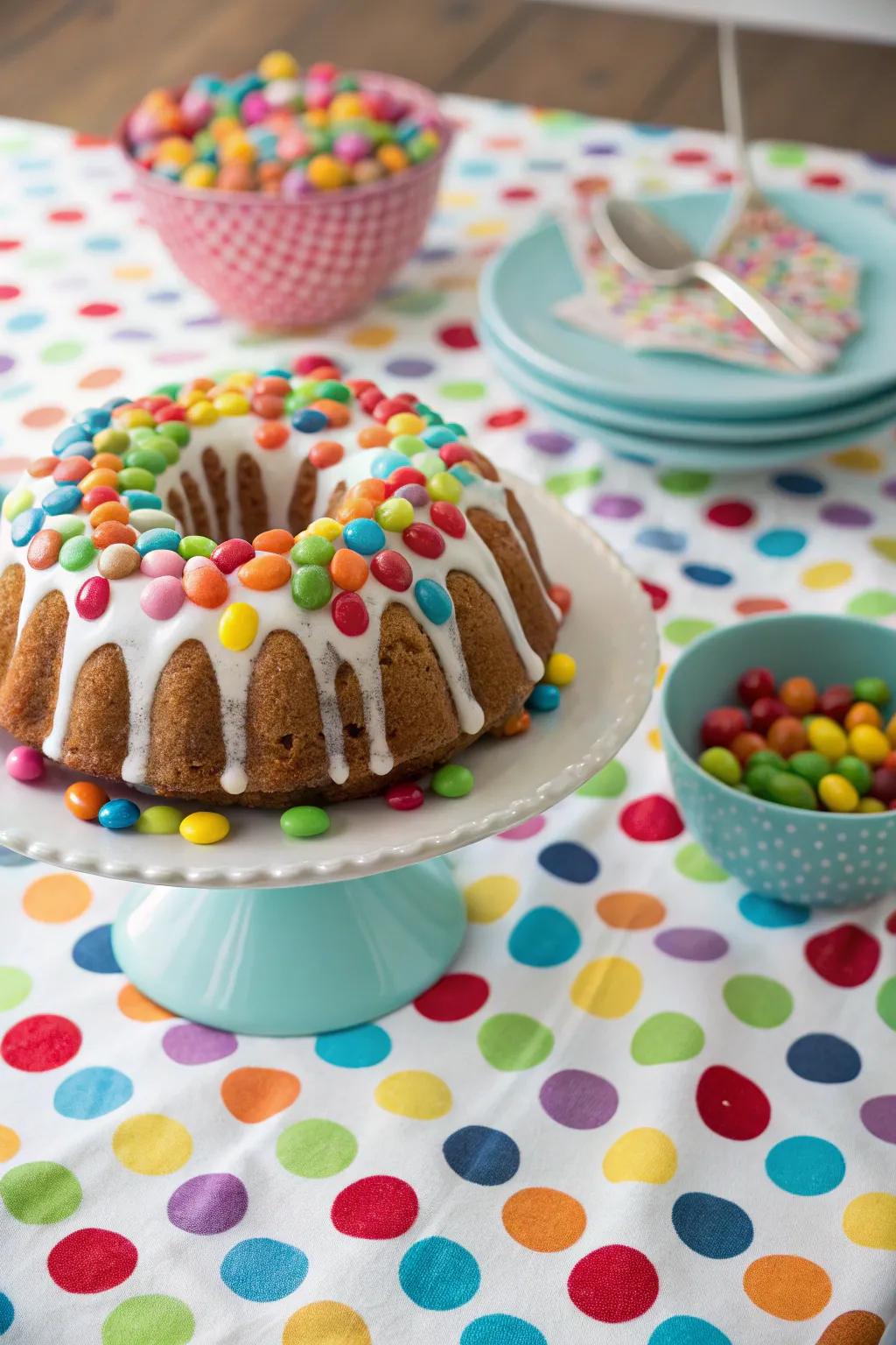 A ring cake adorned with a variety of colorful candies.