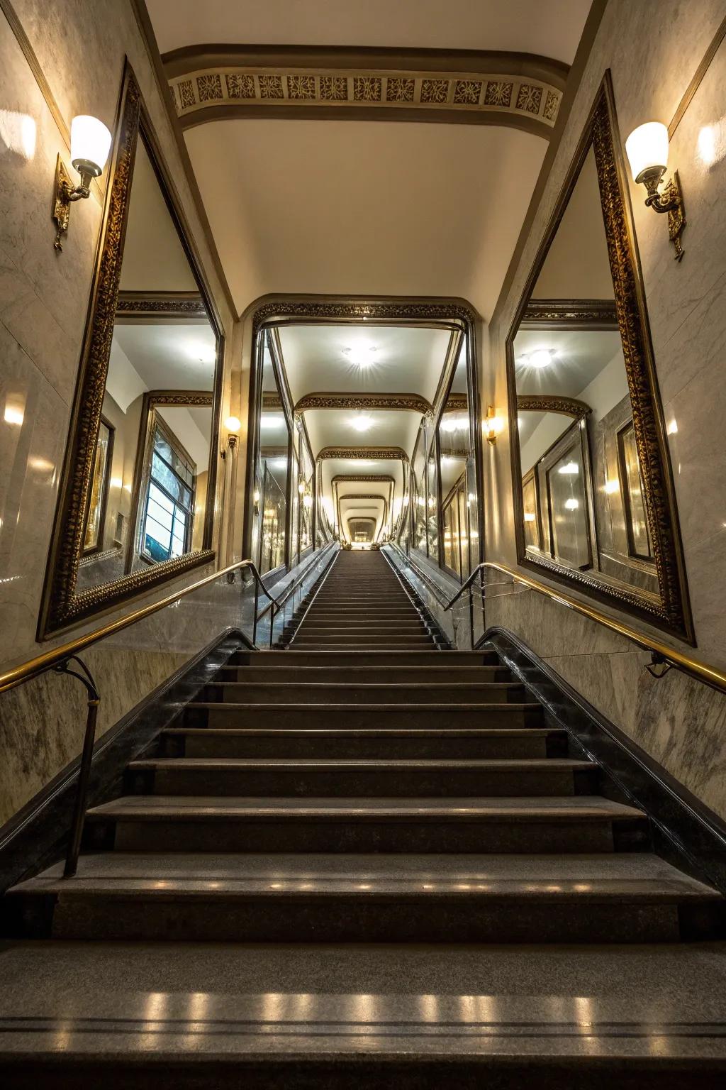 Mirrors positioned along the stairwell amplify illumination and dimension.