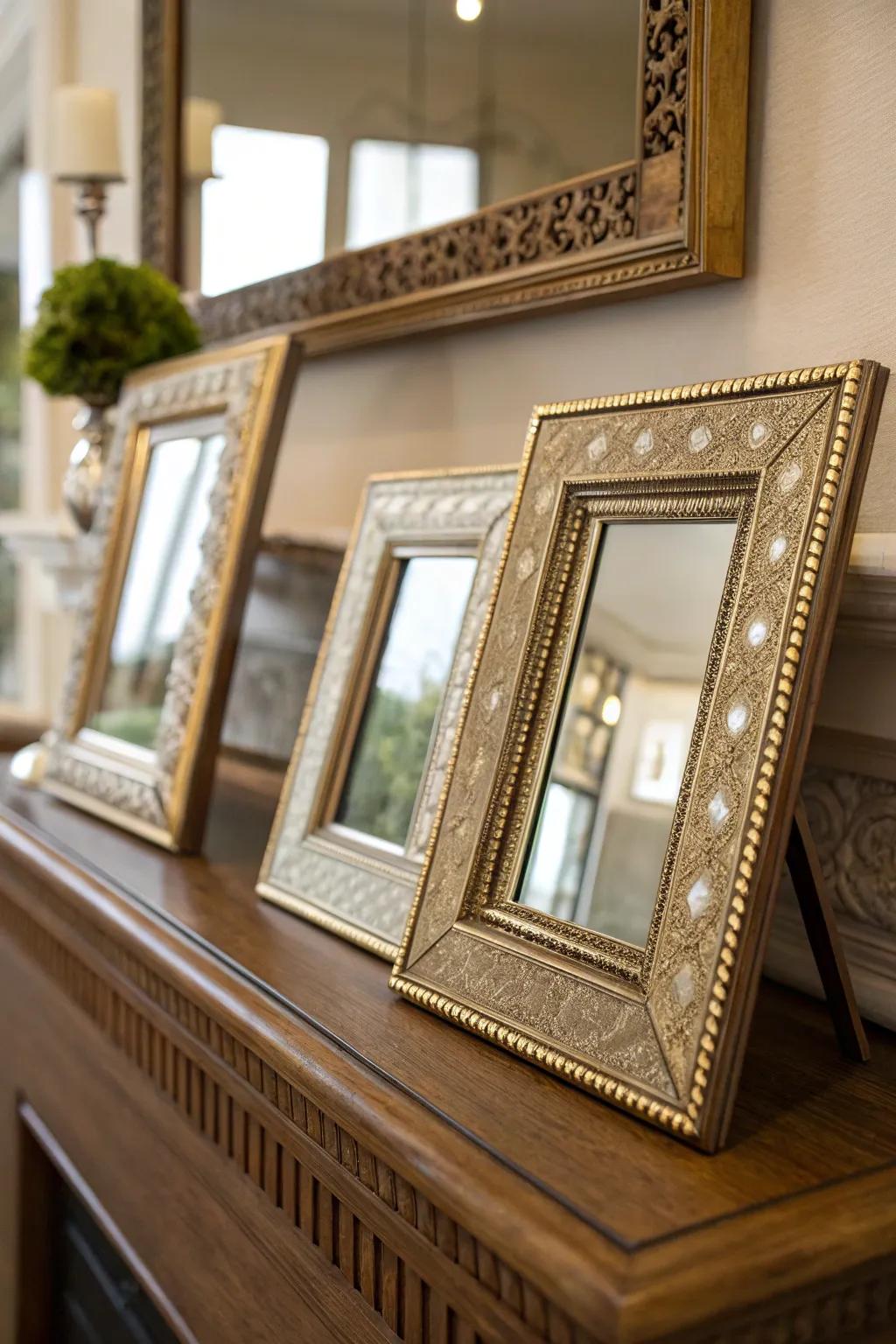 Mirrored inserts in holders enhance light and space.