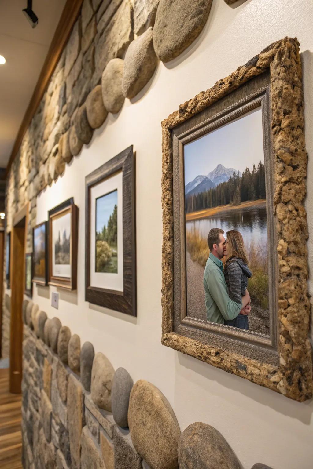 Furnish your snapshots a homespun allure through stone-embellished frames.
