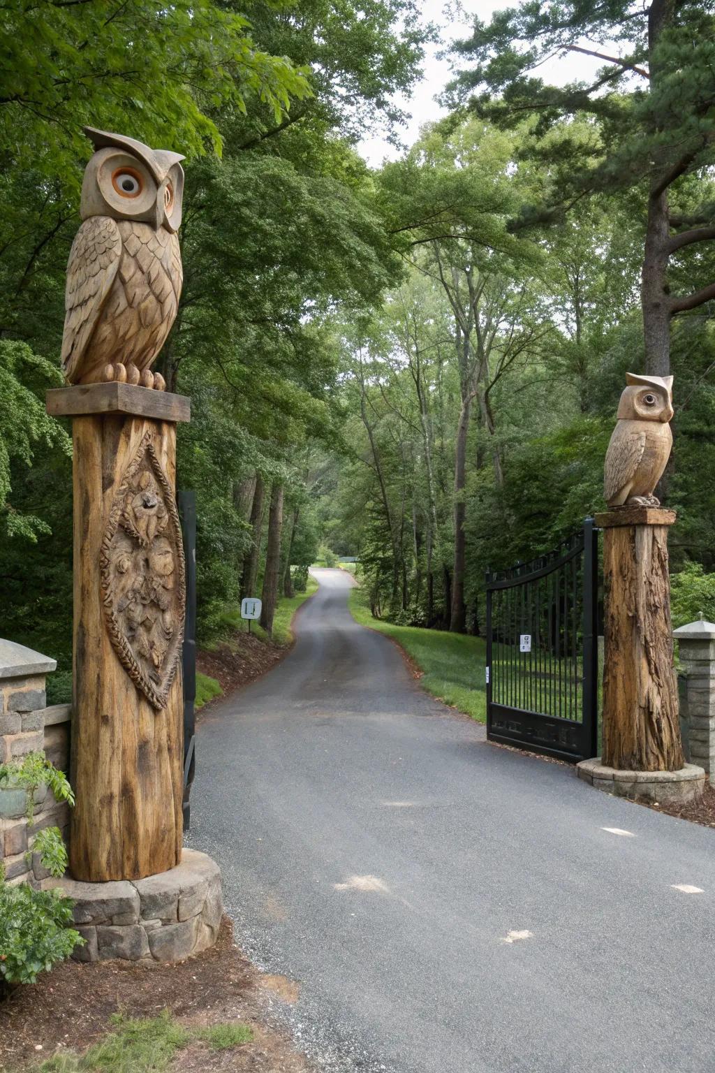 Custom wood carvings make distinctive and personal driveway markers.