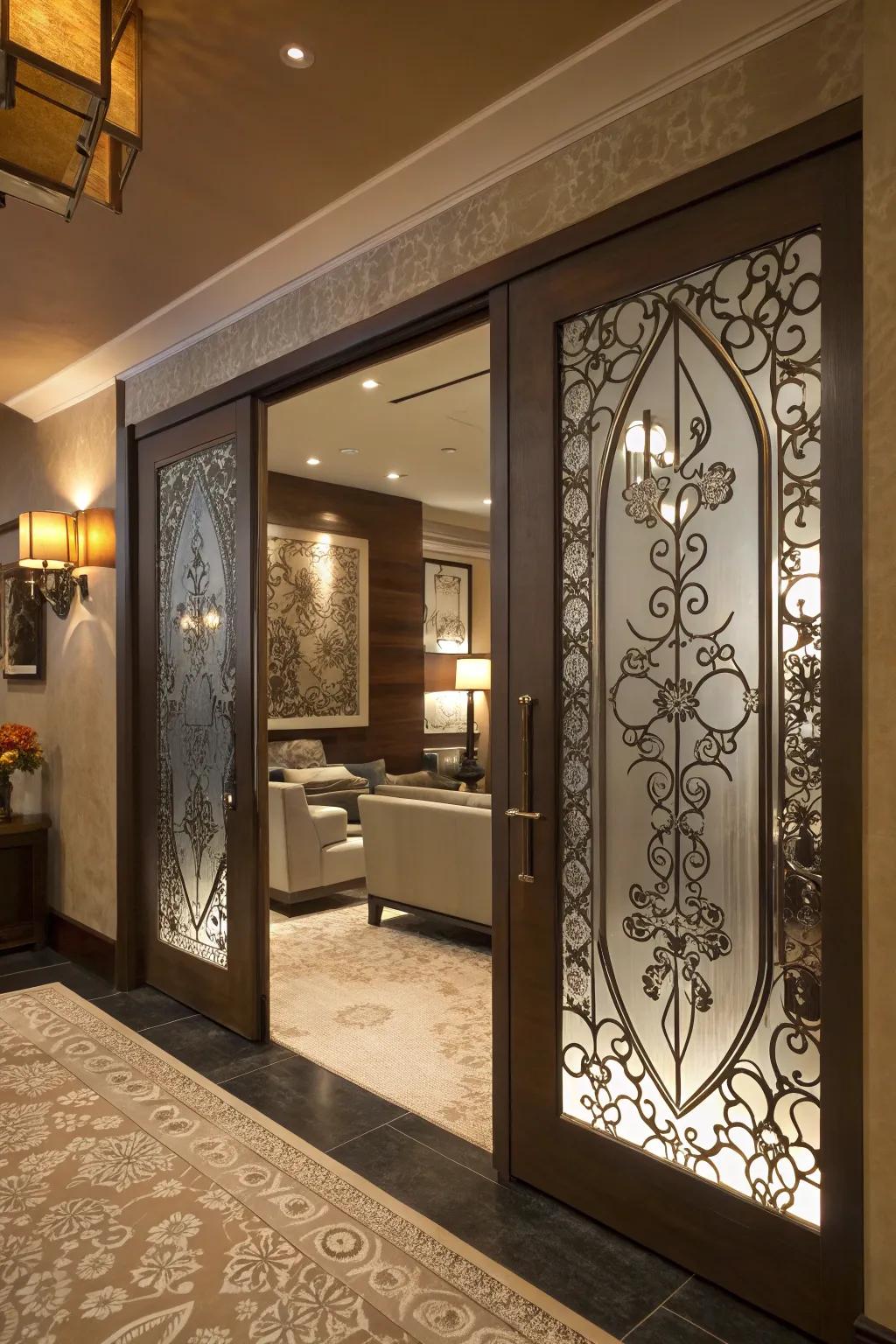 Etched glass doors add artistic flair and privacy.