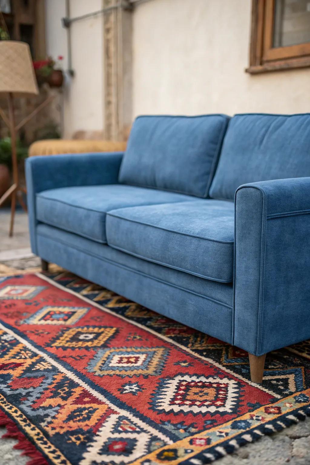A vibrant floor covering anchors the area surrounding a horizon hue couch.