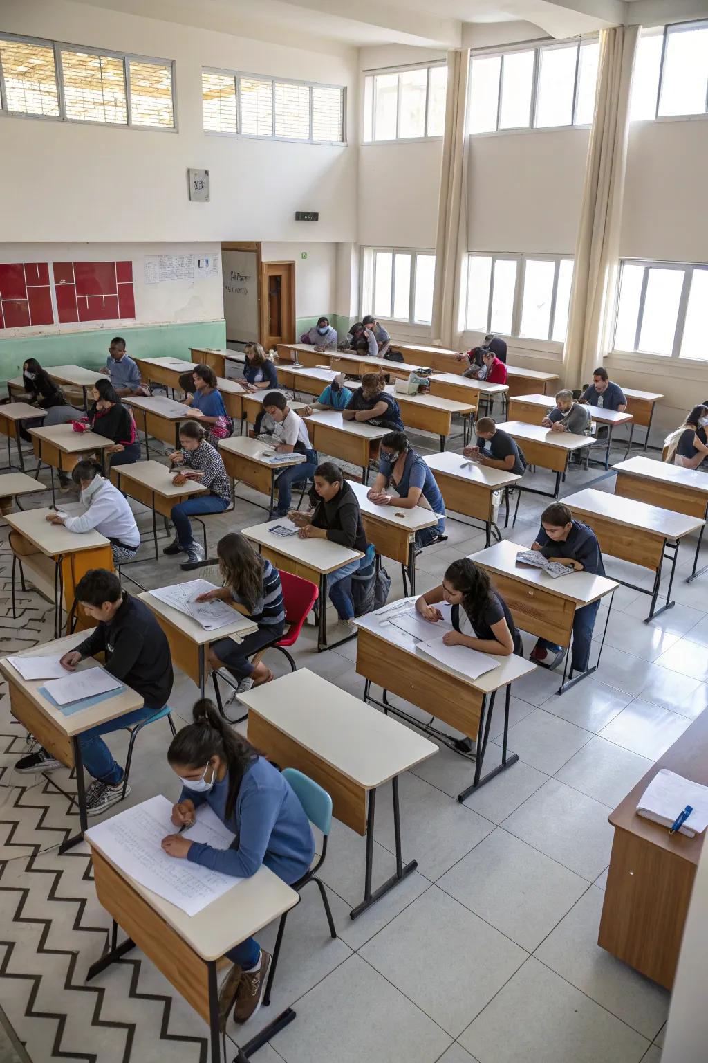 Zigzag desk arrangements add an unexpected twist to the classroom setting.