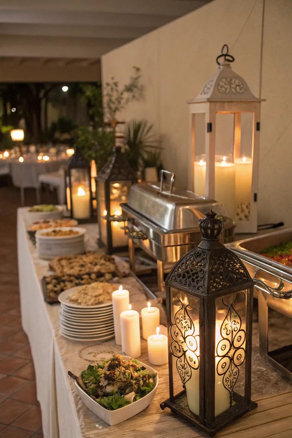 Tapers project a welcoming and warm radiance over this buffet.