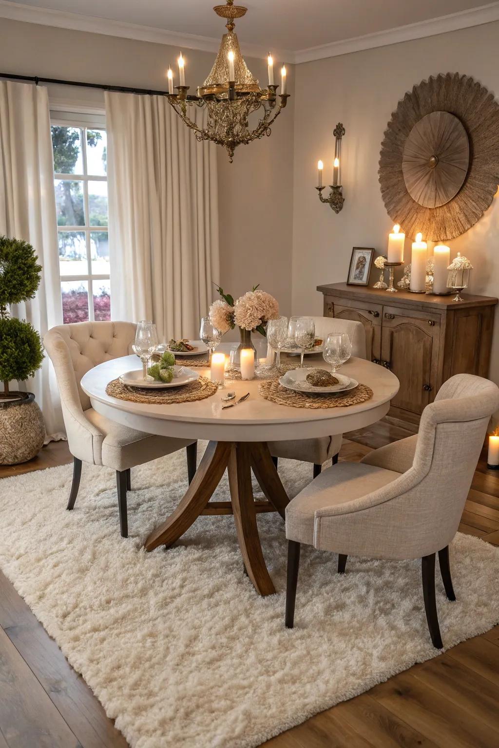 Sumptuous rugs crafting a cozy ambiance in the eating space.