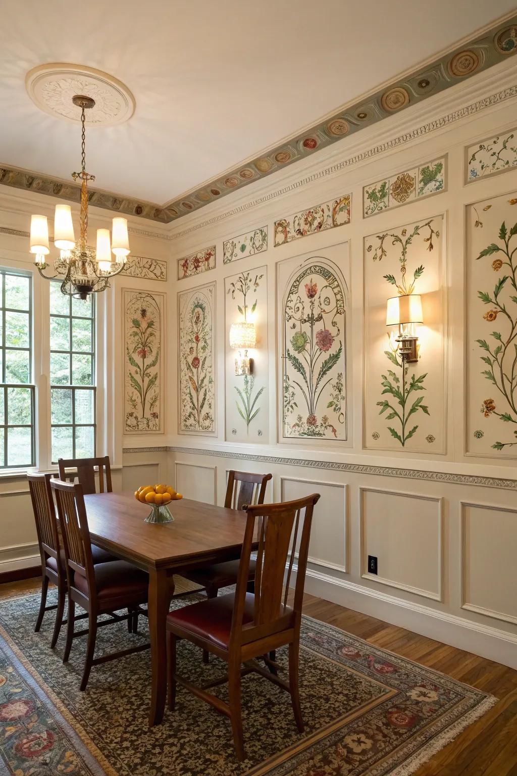 Creative wainscoting turns the dining room walls into a canvas of creativity.