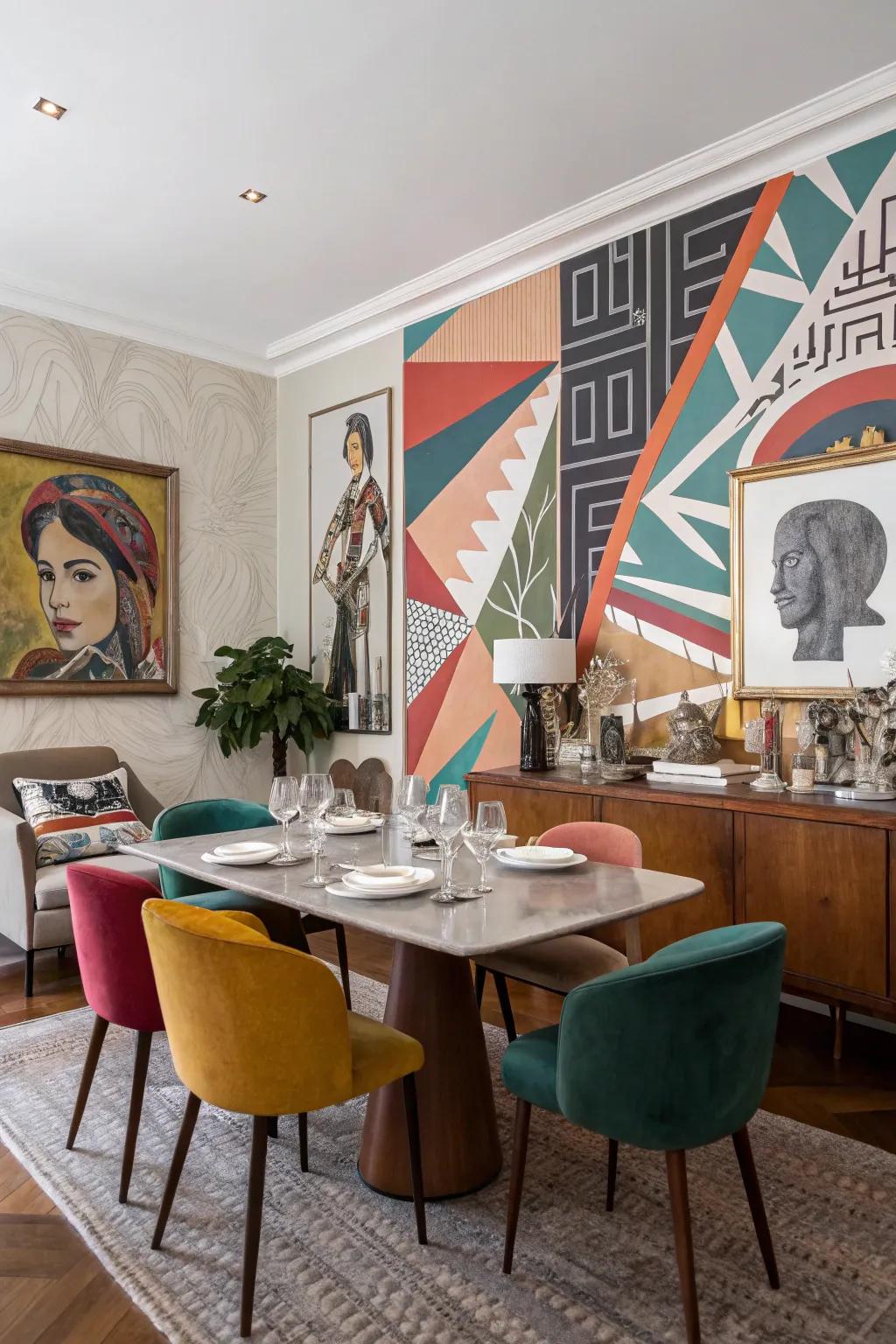 An abstract paint functions as a fascinating centerpiece in this dining space.