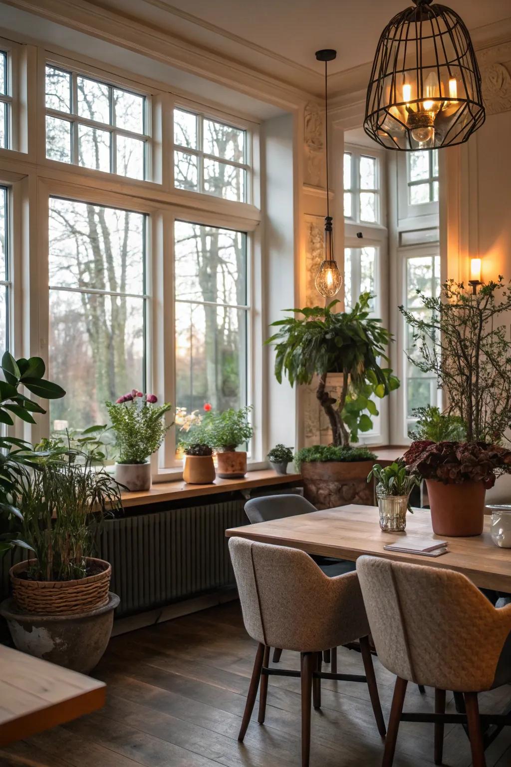 Decorative elements near windows bring heat and life to your dining space.