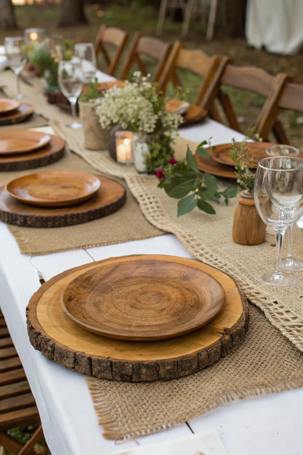 A country table arrangement showcasing wood-based chargers and rough cloth runners.