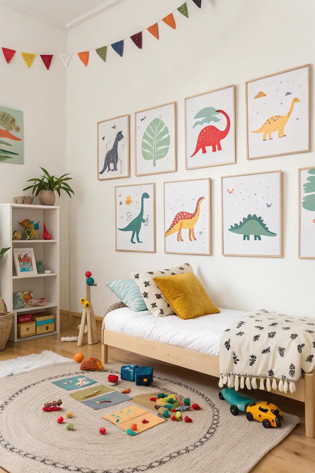 A gallery wall of dino art images contributes both a creative and educational touch.