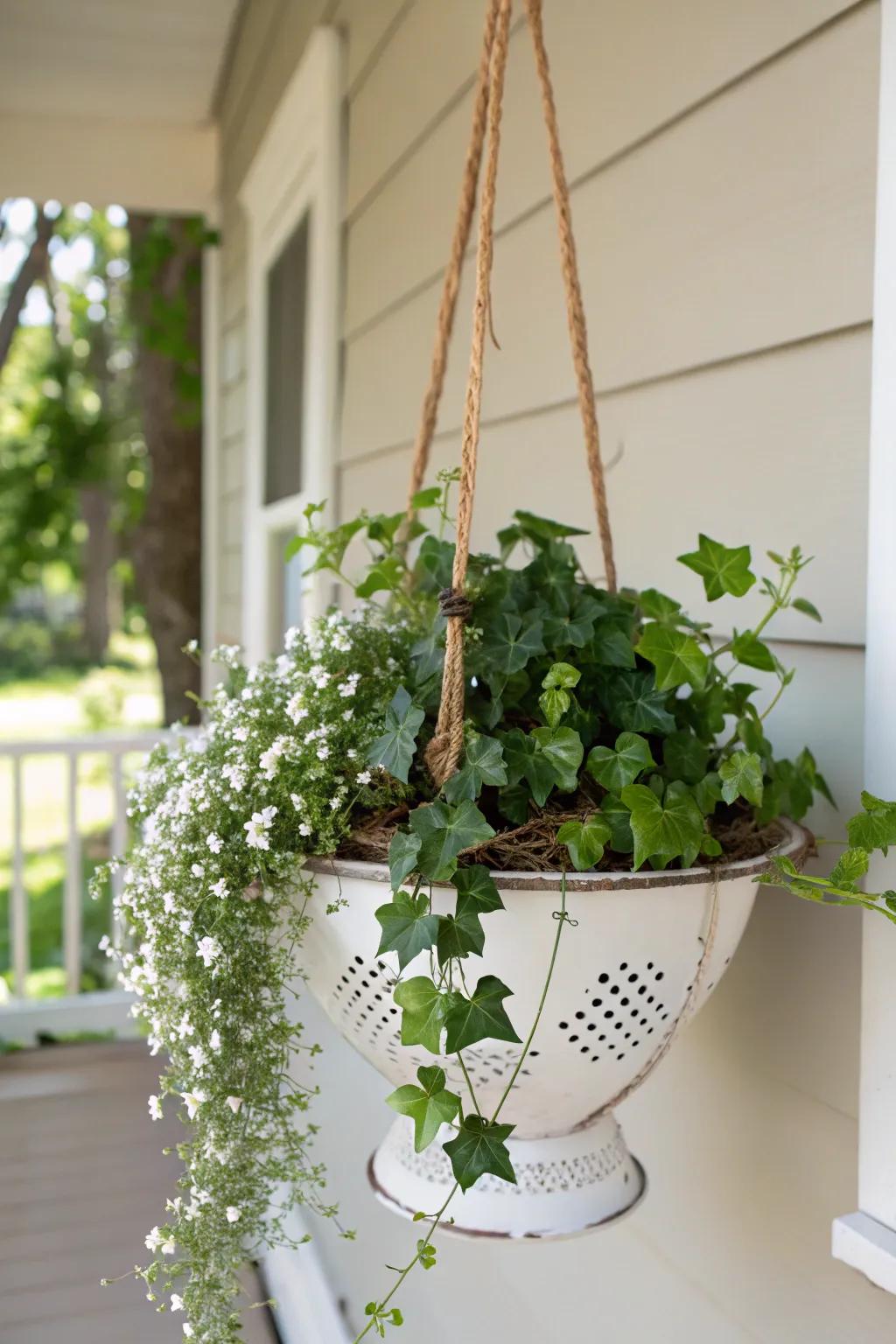 Transform your porch with a touch of creativity: DIY hanging colander planters bring nature's elegance into minimalist spaces.