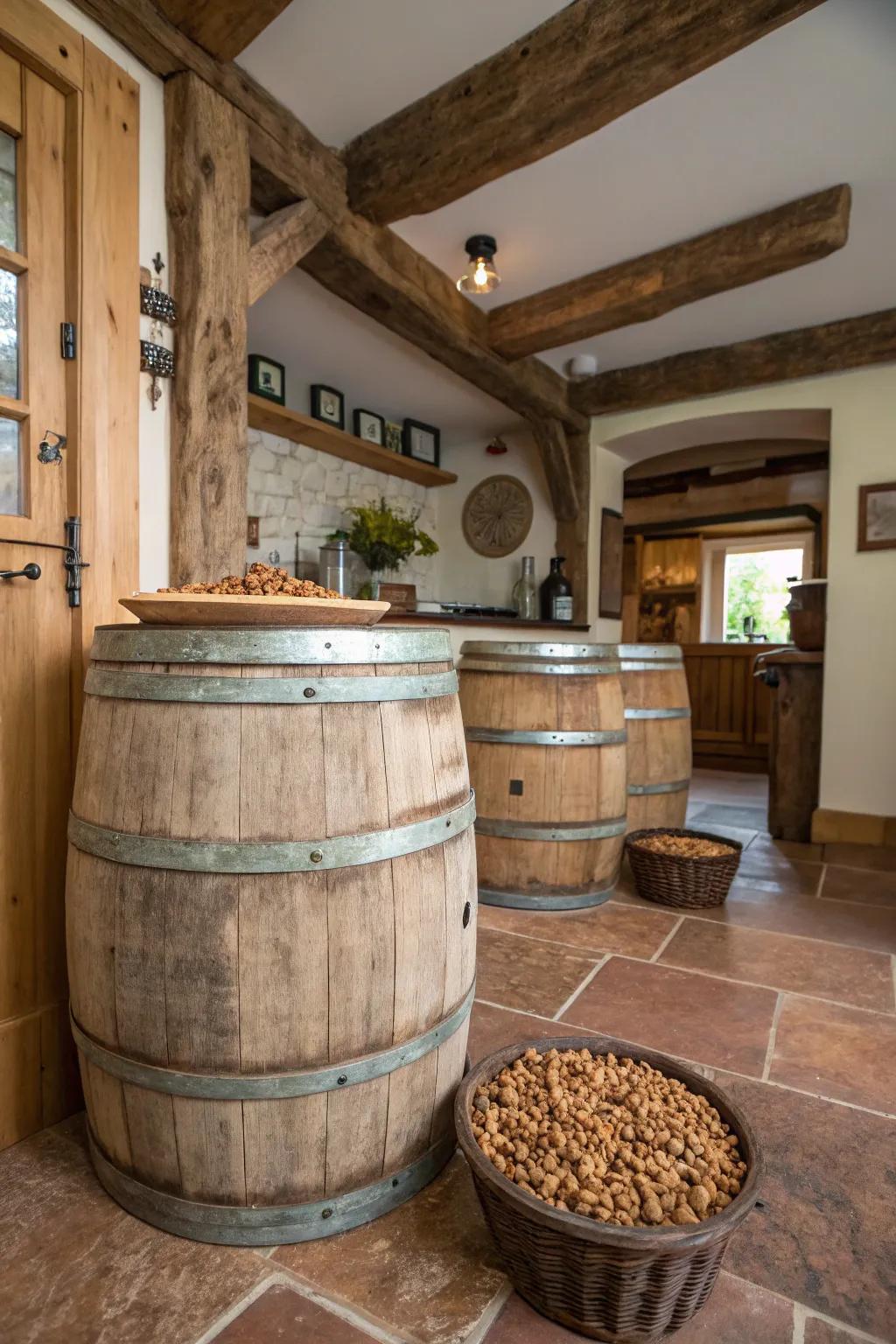 Food-grade barrels contribute a rustic allure to kibble storage answers.