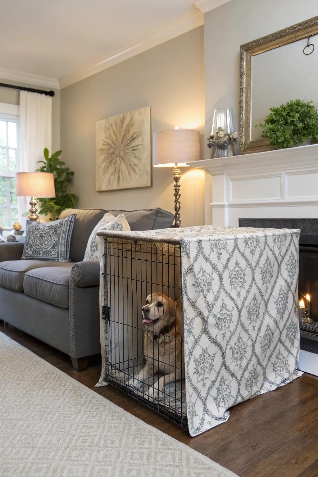 A hidden dog crate with a fashionable cover that blends seamlessly into the living room design.