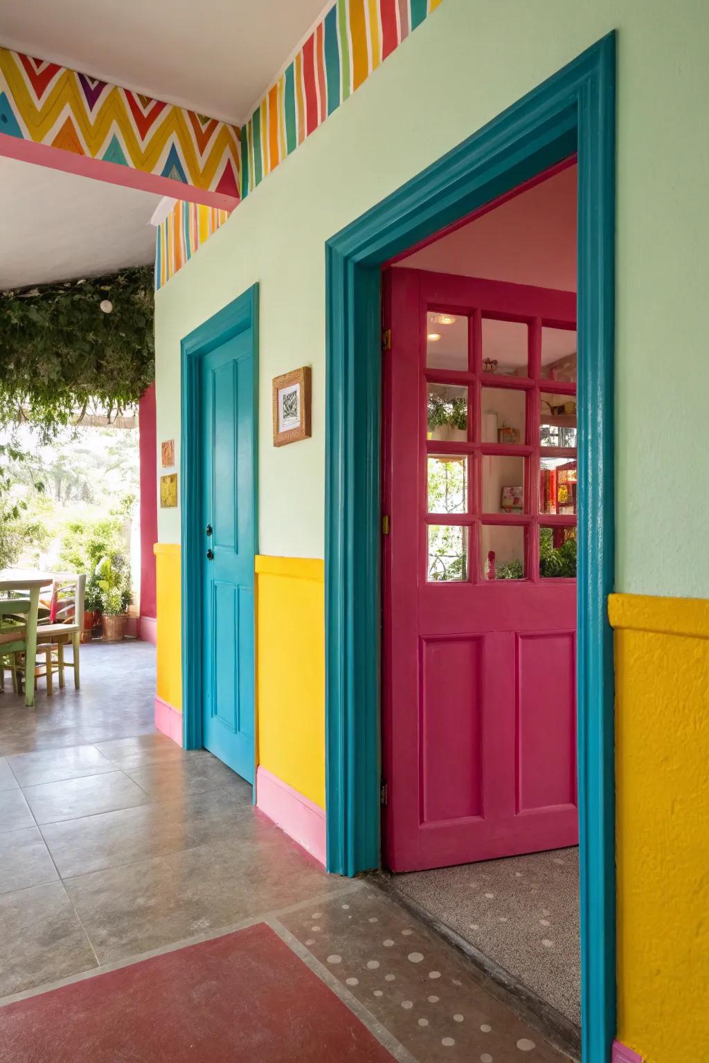 This vibrant room is made more striking by the use of opposing colors in the door trim.
