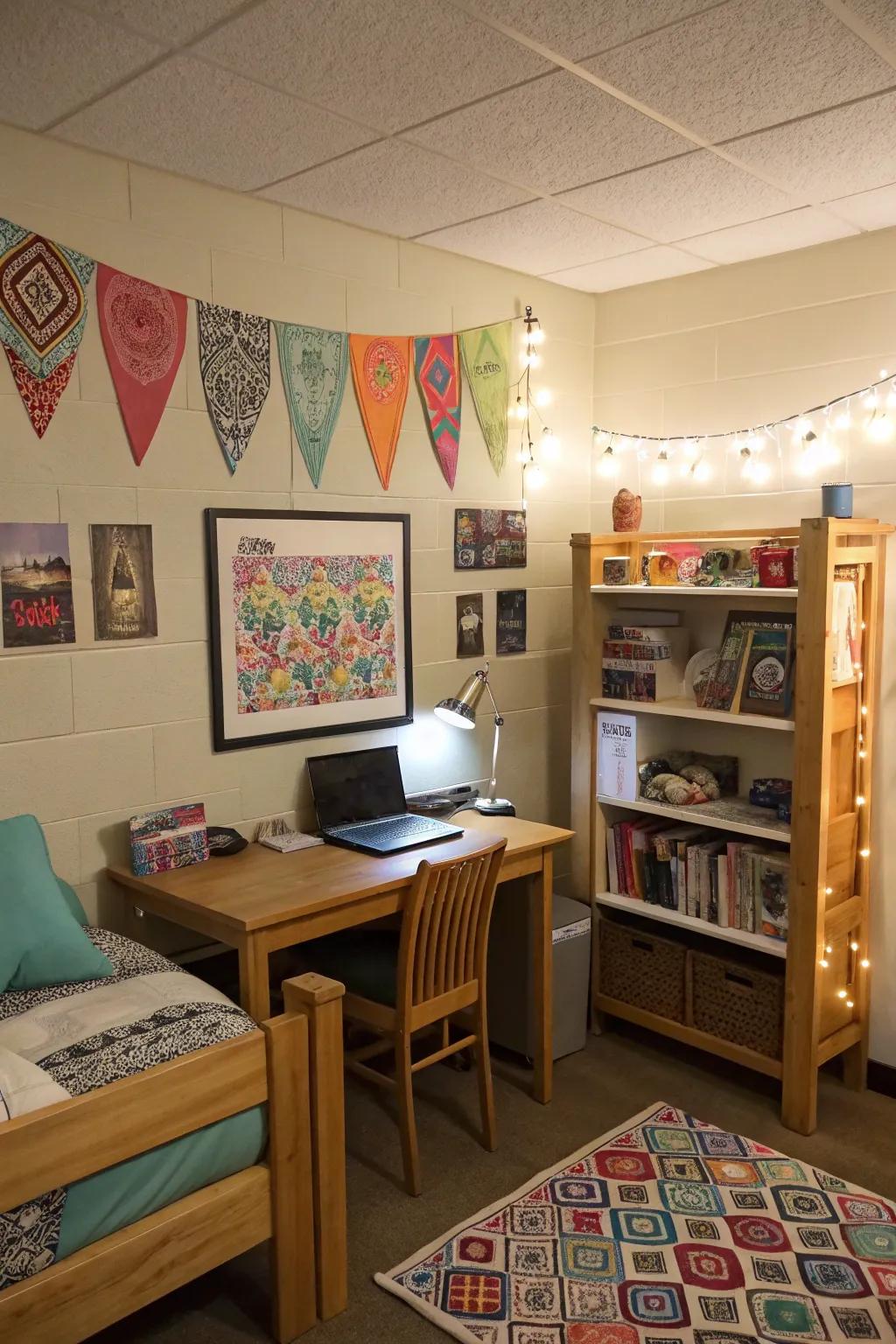 Do-it-yourself elements in a dorm room that give the decor special and individual touches.
