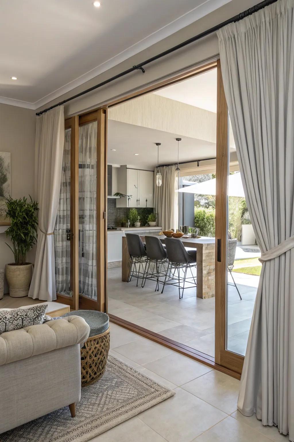 Layered curtains complement panorama doors beautifully.