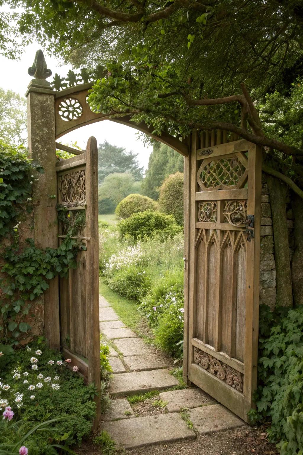 A secluded garden path invites exploration beyond the entrance.