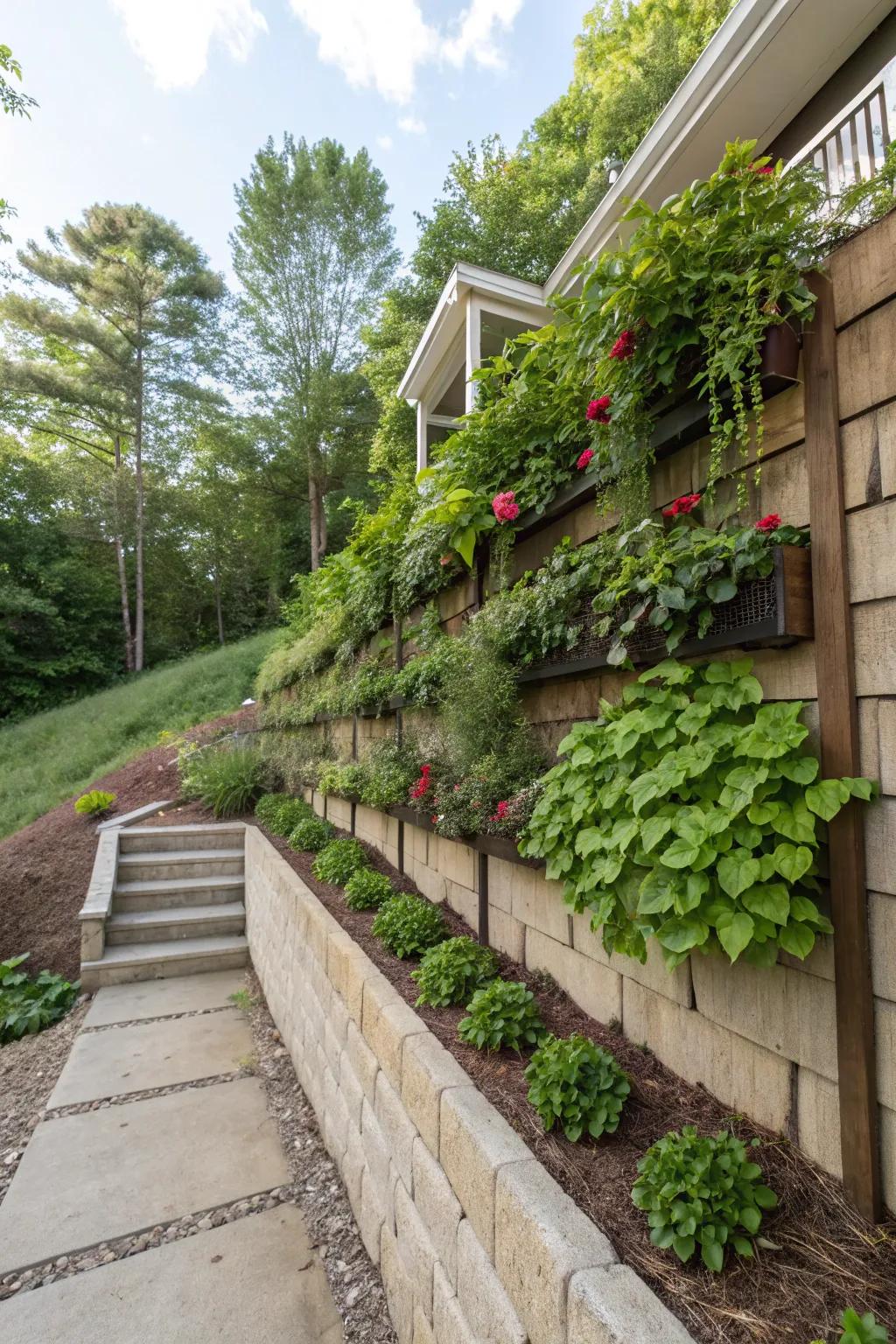 Hanging gardening adds lush life to the vertical surfaces of a sloped yard.