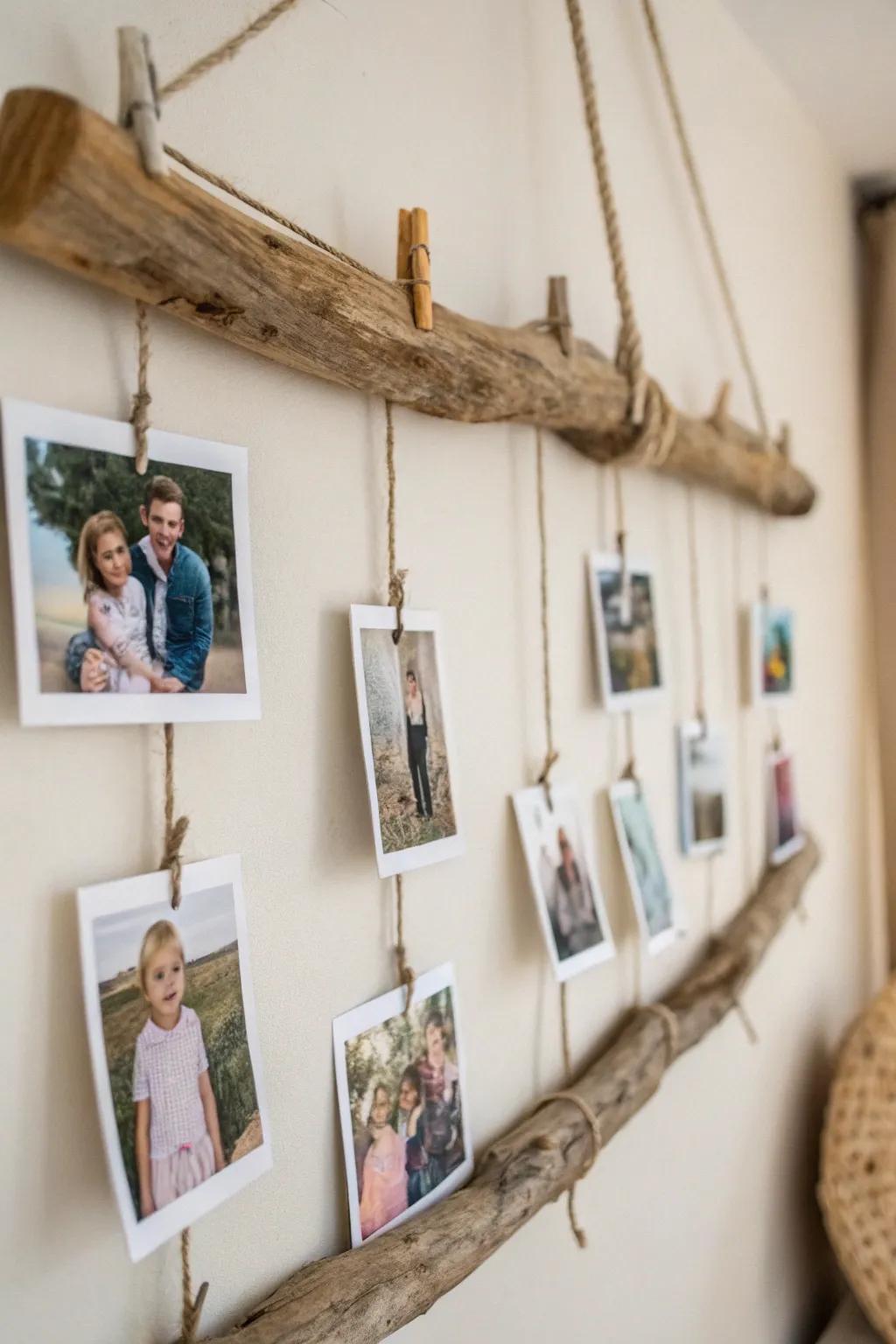 Showcase recollections with a timber photo hanger.