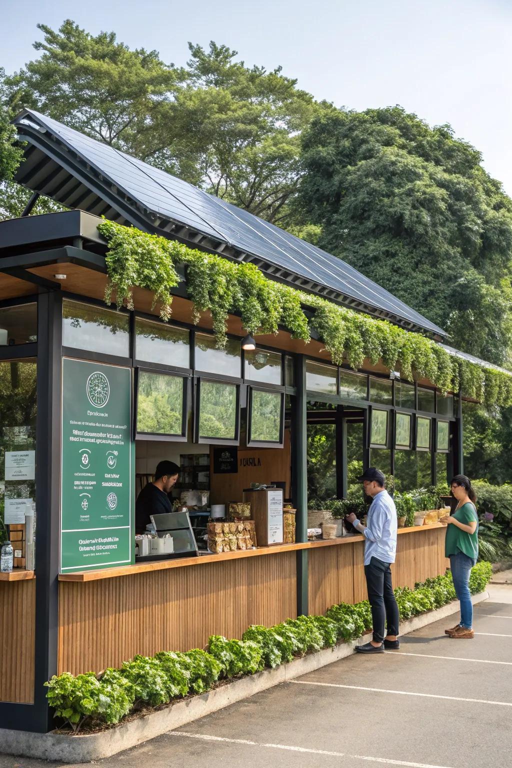 Sustainable drive-thru coffee shop with environmentally friendly design components.