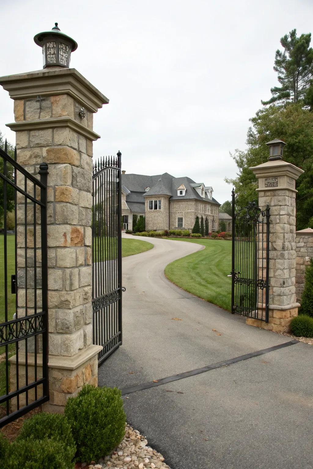 Stone pillars paired with iron fences offer a grand entrance.