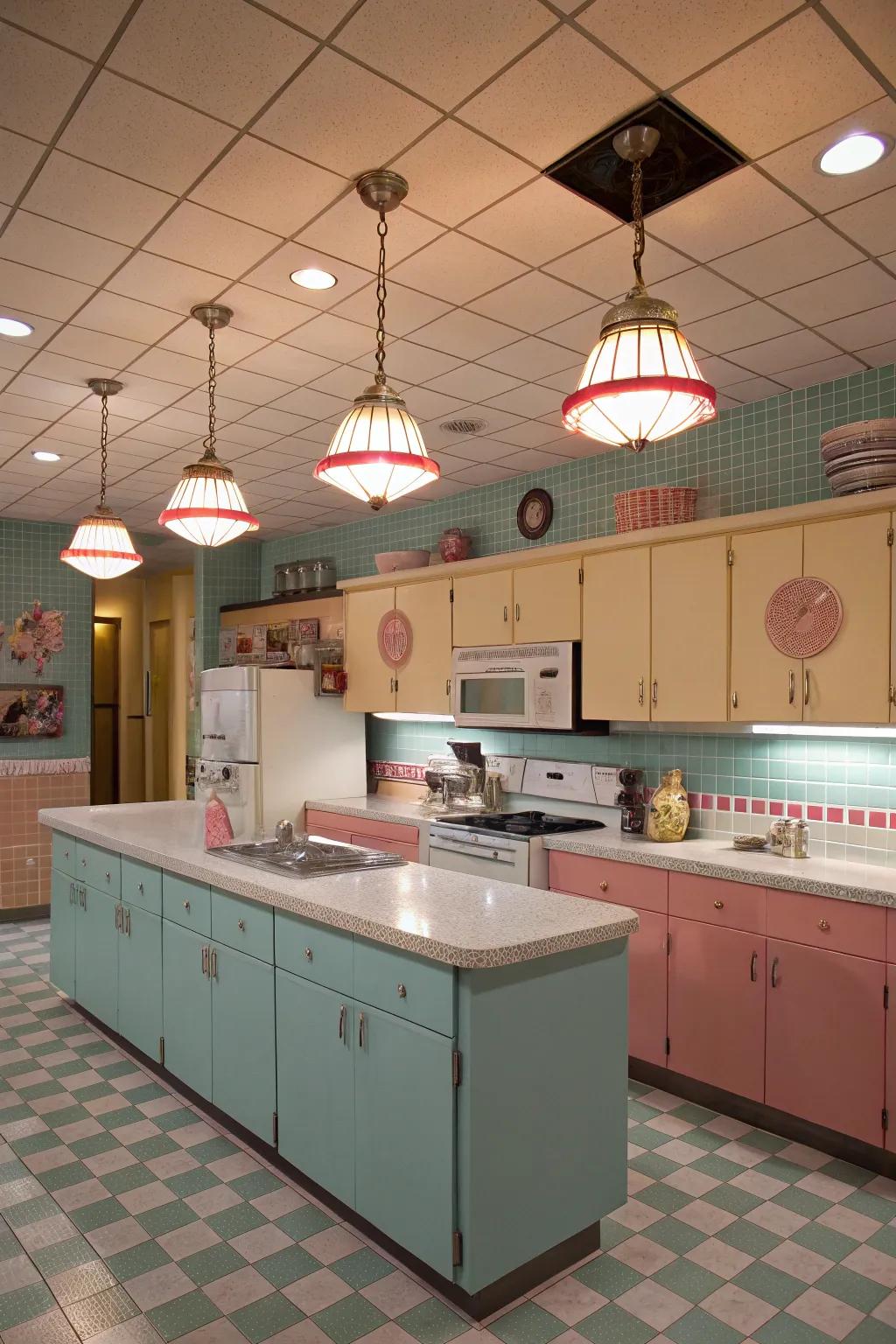 Nostalgic components inject playful charm to this cooking area.