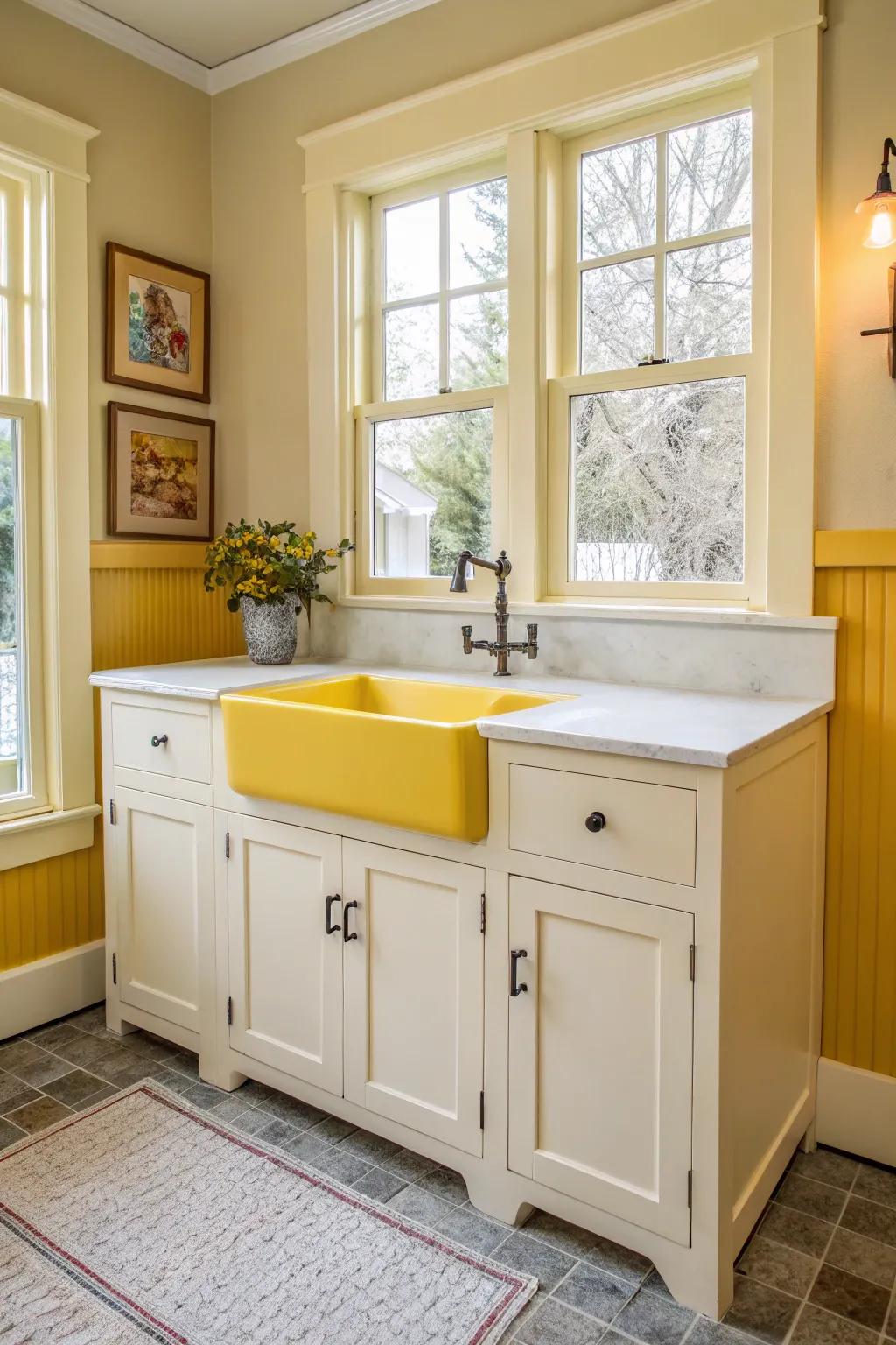 A splash of color inside adds a fun surprise to this cabinet sink.