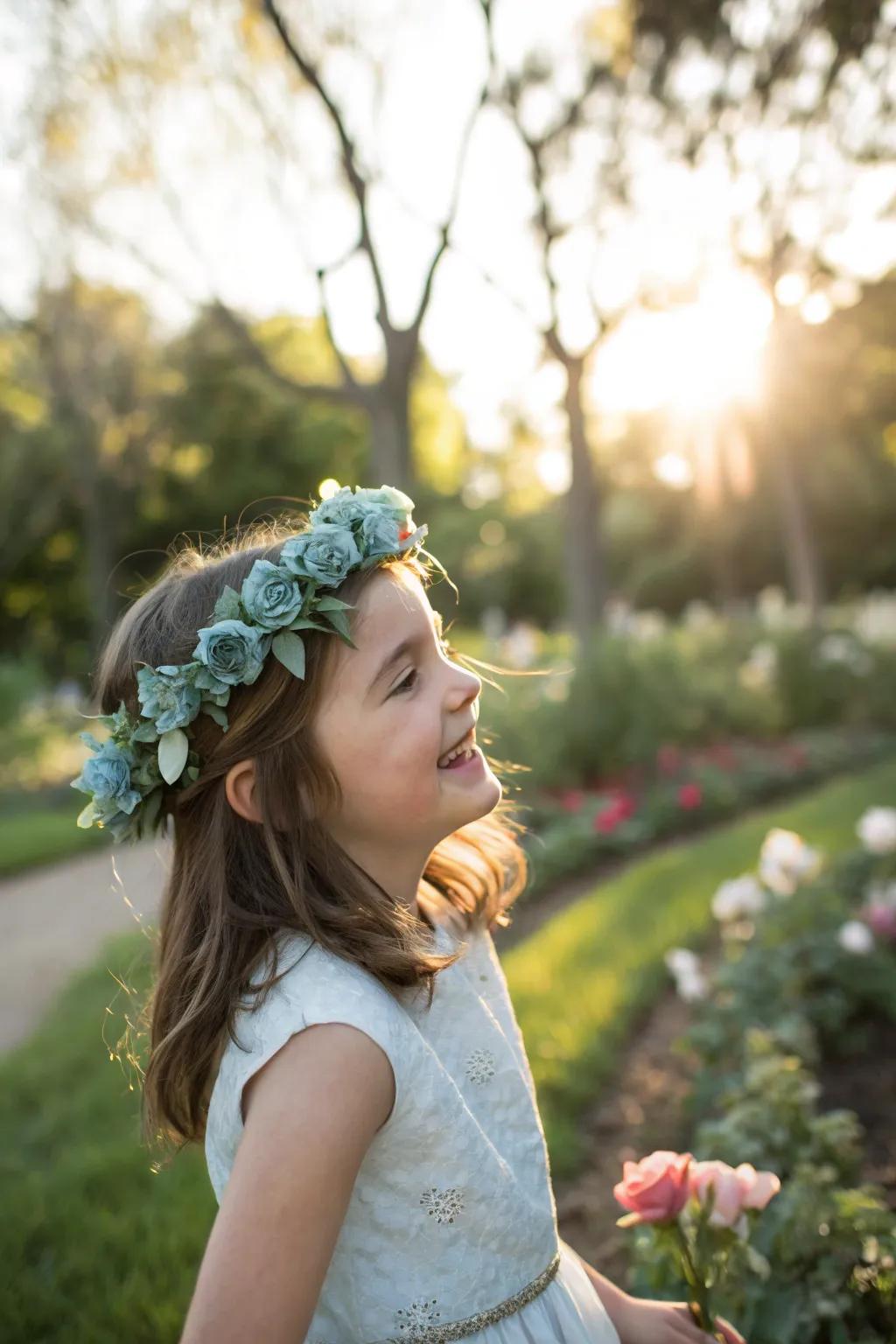A sweet blossom wreath in soft teal, ideal for incorporating whimsy into the ceremony party.