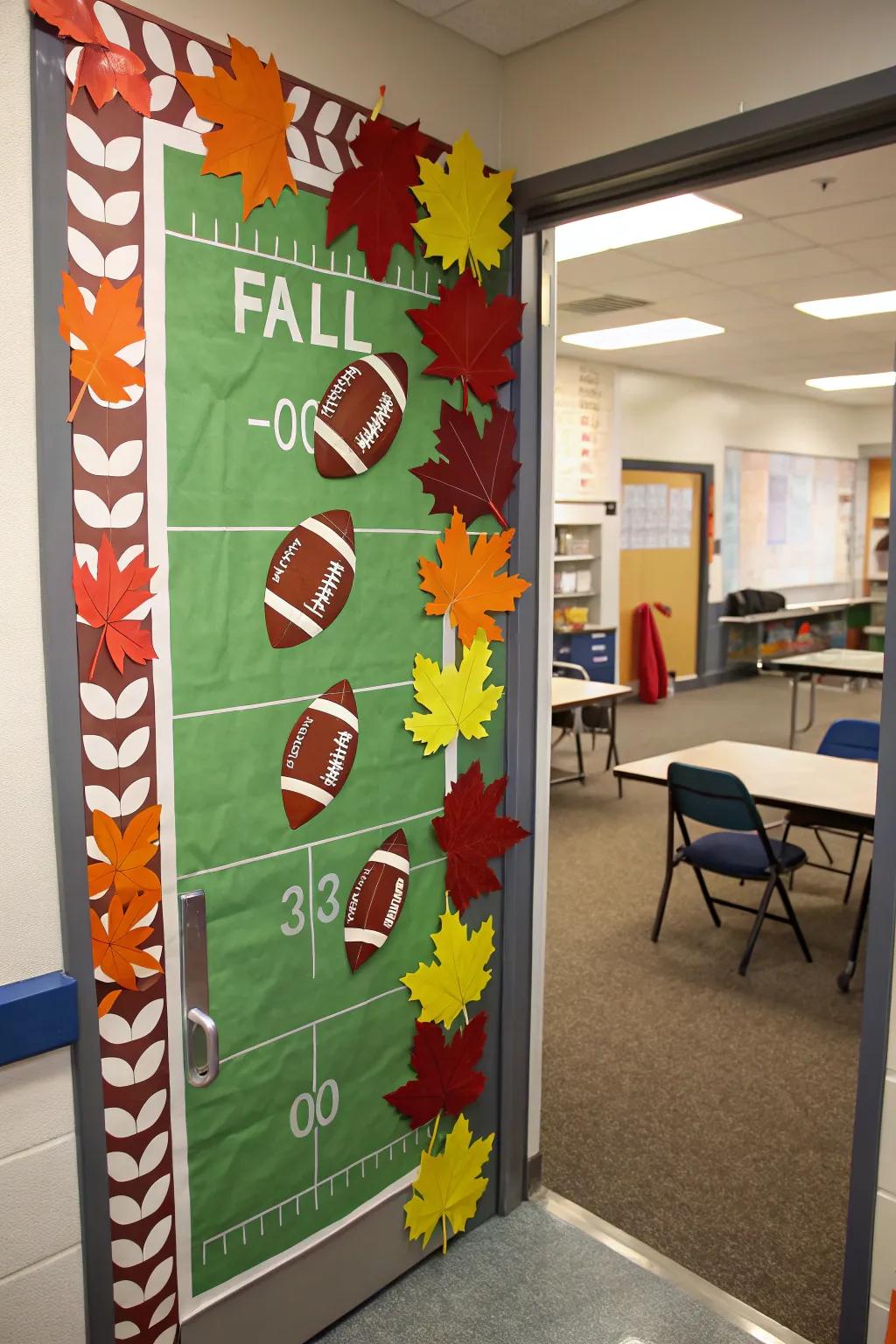 Pigskin-themed décor scores significantly within the classroom.