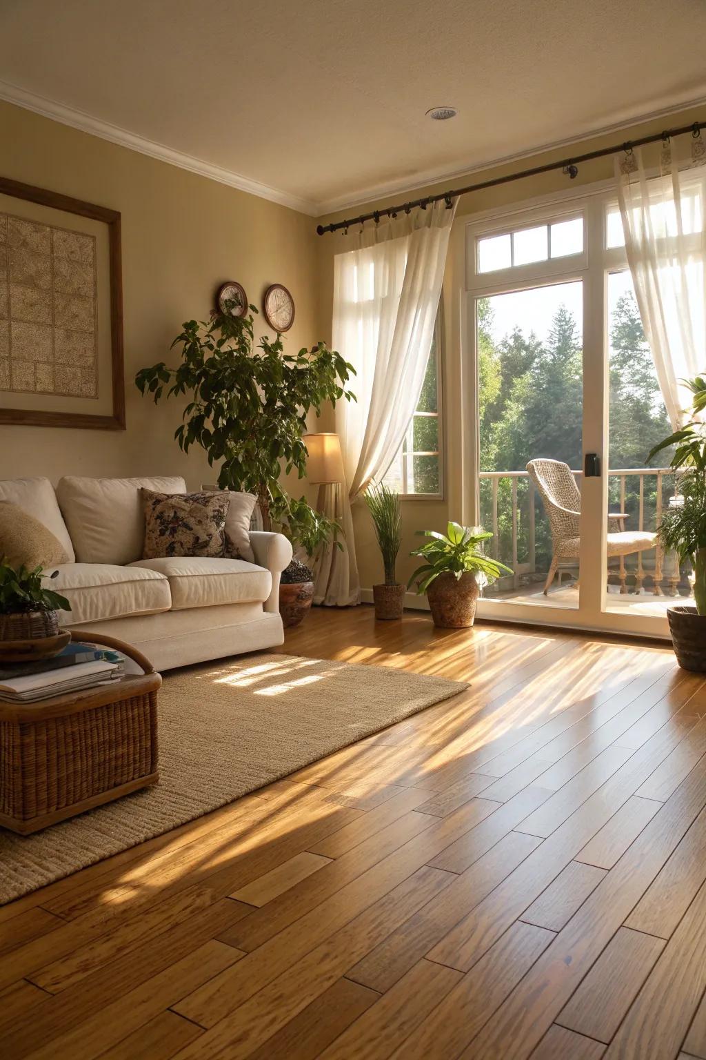 A bright living room featuring elegant bamboo flooring that enhances its eco-friendly appeal.