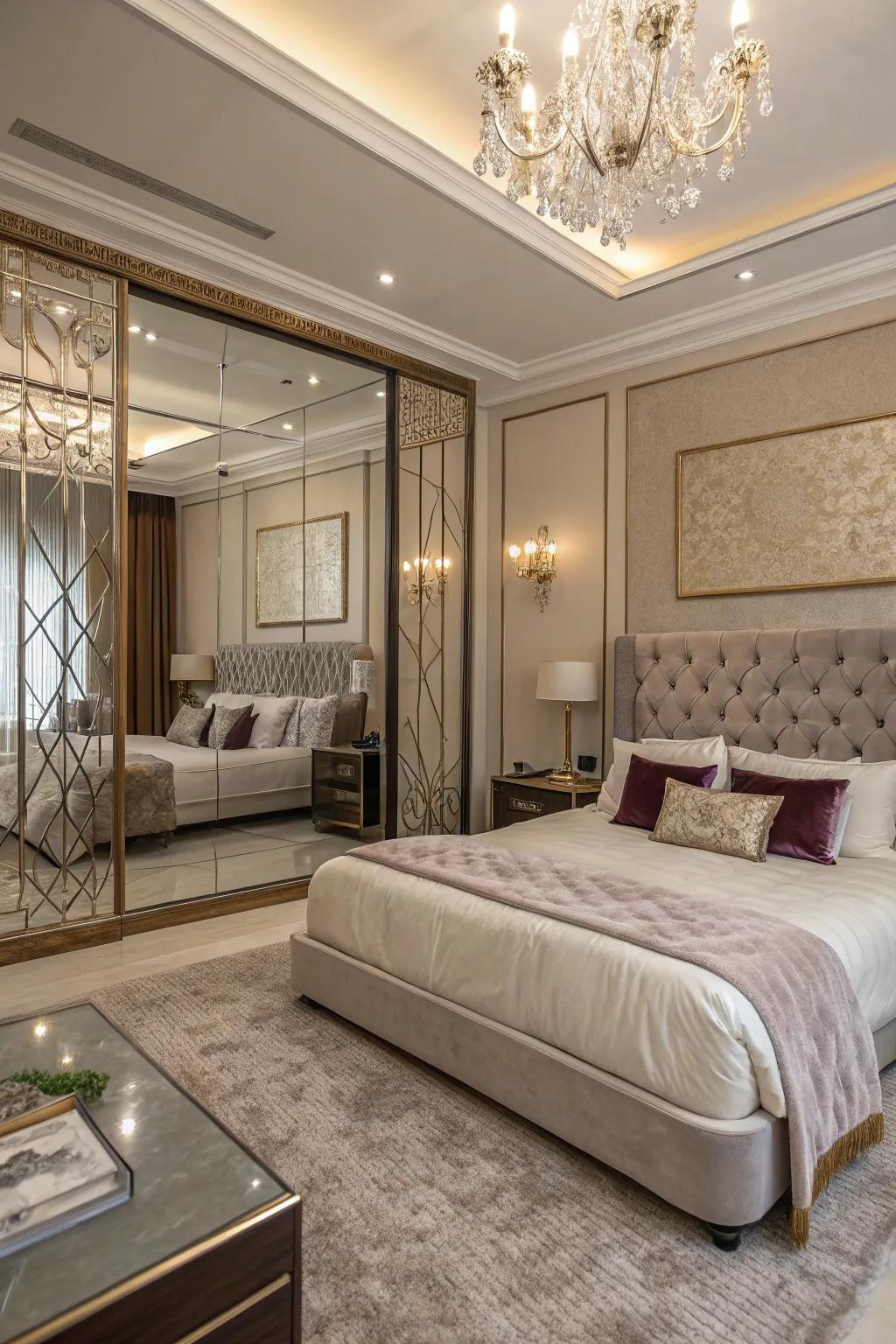 A luxurious bedroom featuring an impressive large mirrored wall.