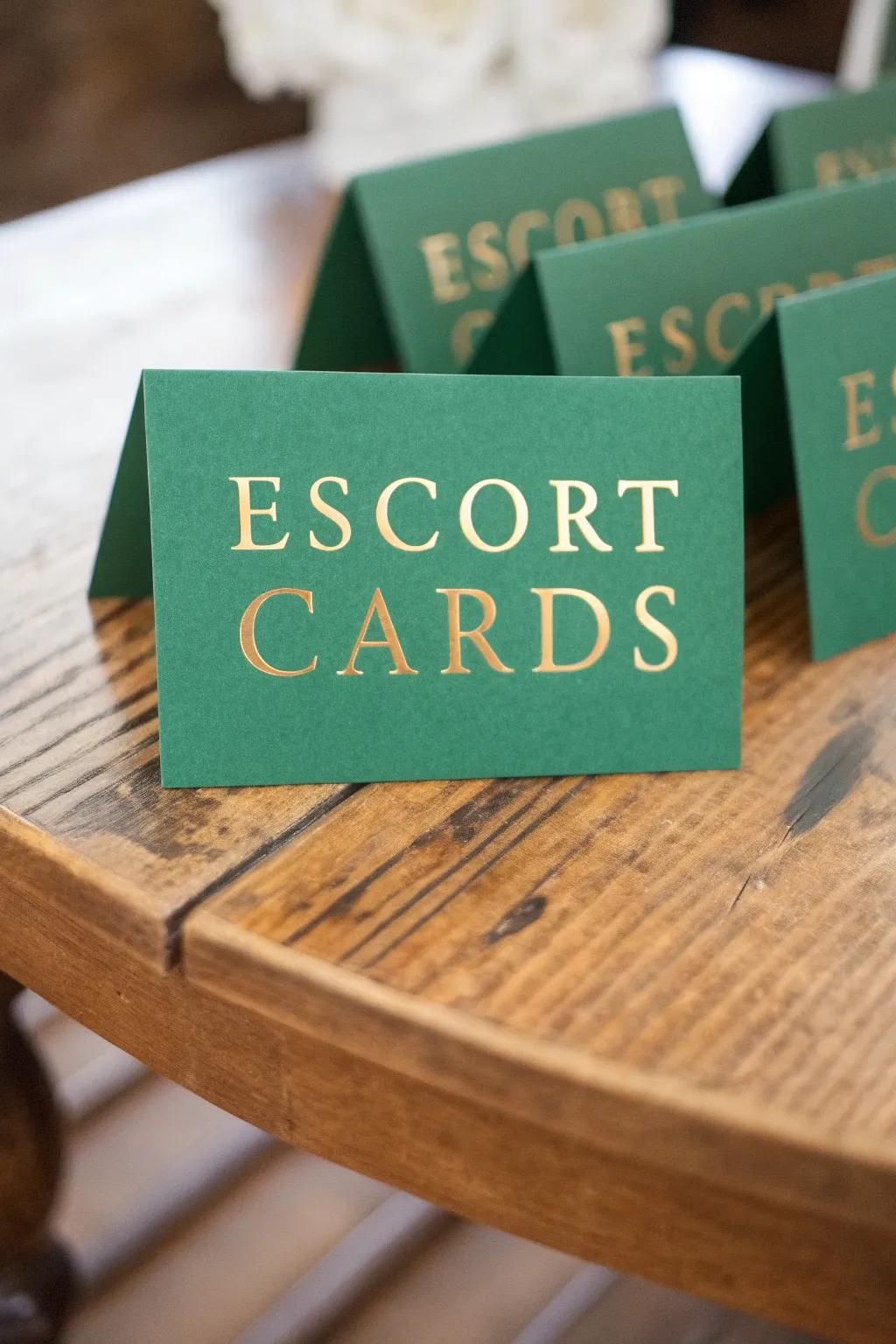 Elegant escort cards in teal and gold.