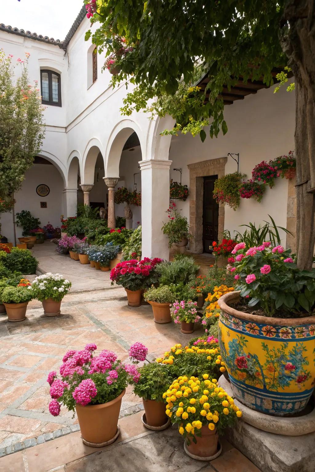 Brighten your courtyard with vivid floral accents.