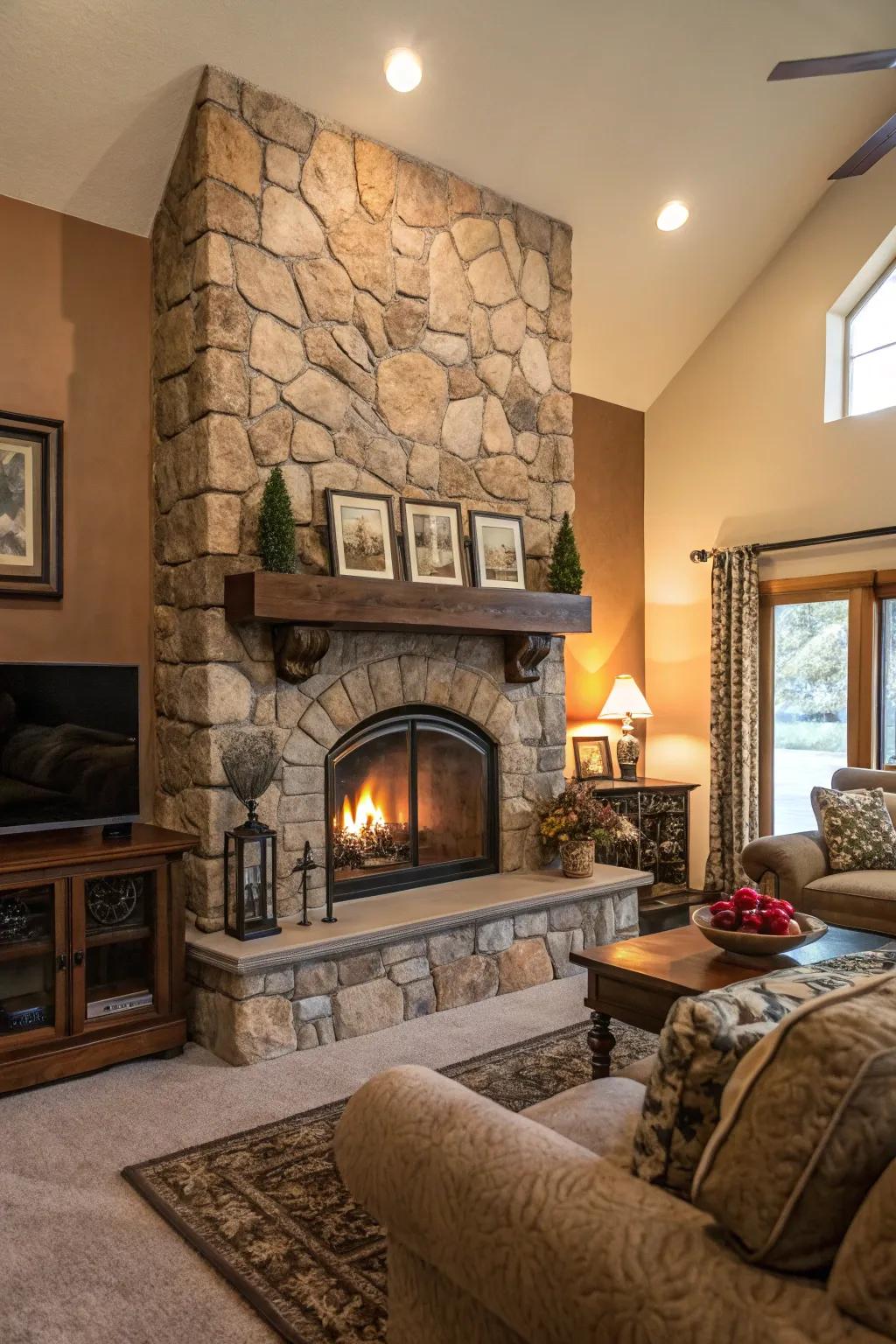 A pebble hearth functions as a snug center attraction.